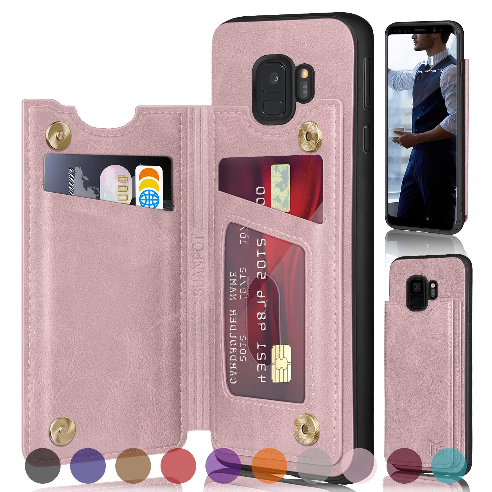 RFID Blocking Samsung Galaxy S9 Wallet Case with Credit Card Holder - PU Leather Flip Book Phone Cover for Women & Men (Rose Gold) | Perfect for Daily Commute, Business Meetings & Travel Protection