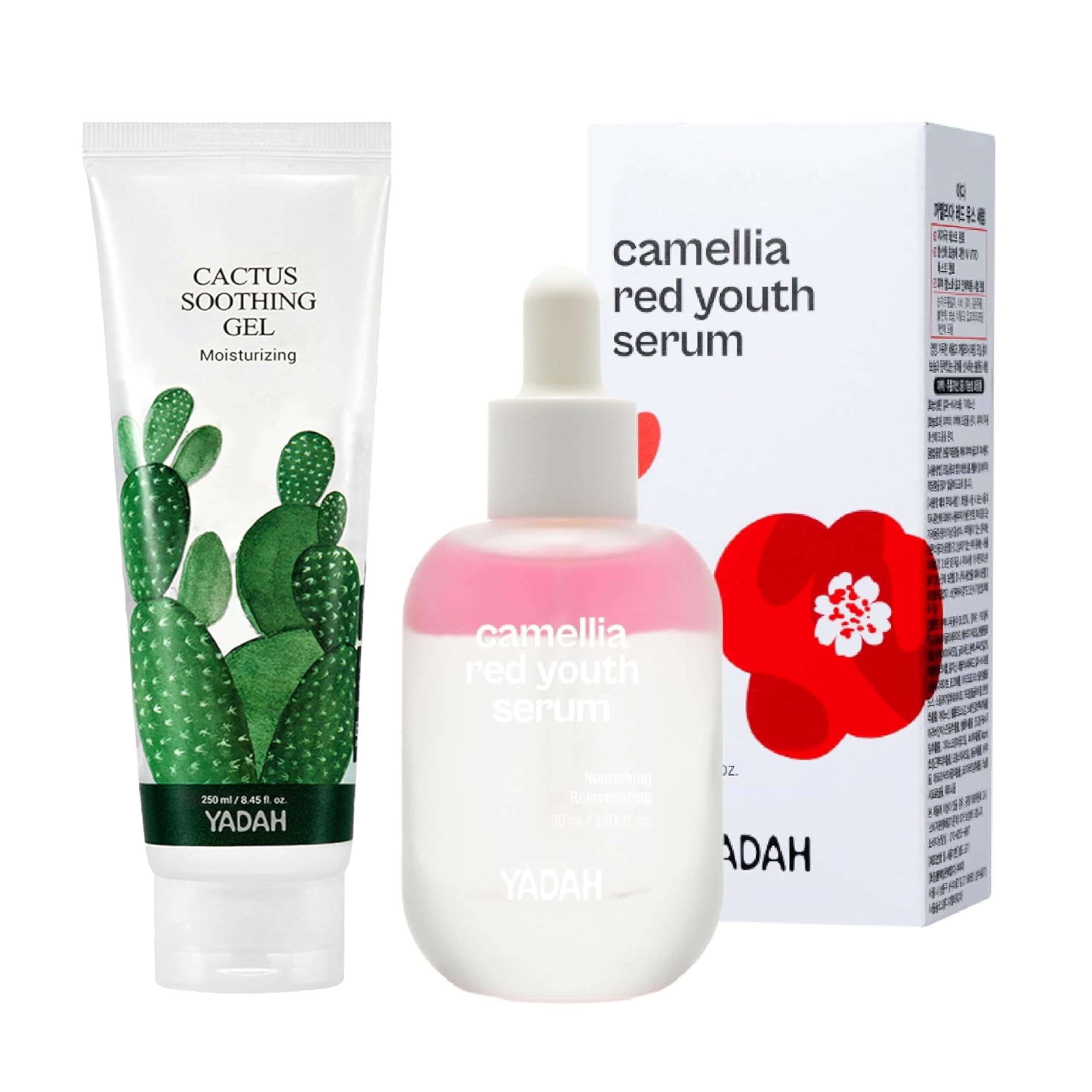 YADAH Cactus Soothing Gel 8.45oz & Camellia Red Youth Serum 1.01oz - Vegan Korean Skincare Set for Sunburn Relief, Wrinkle Care, Hydration & Firming - Soothes Irritated Skin, Calms & Cools - Perfect for Post-Sun Care & Daily Anti-Aging Routine