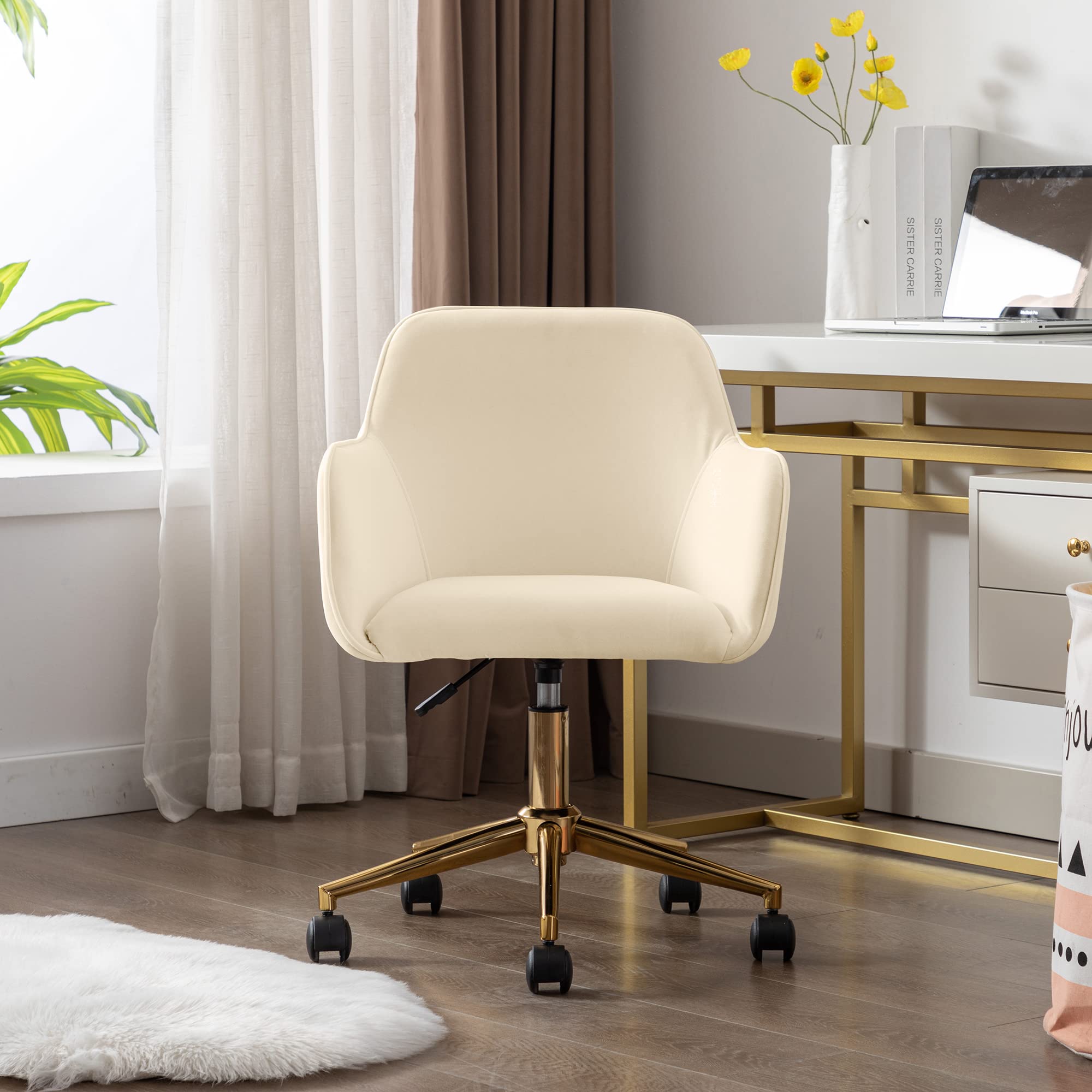 Henf Velvet Office Chair - 360° Swivel Home Desk Chair with Elegant Gold Base, Soft Tufted Vanity Chair for Kids & Students - Perfect for Study, Work, and Relaxation in Living Room or Bedroom (Style10-Beige)