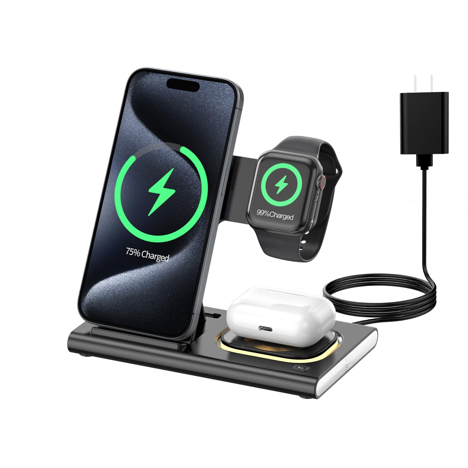 3-in-1 Foldable Wireless Charging Station for iPhone 16/15/14/13/12/11 Series, Apple Watch & AirPods 4/3/2/Pro/Pro 2 - Multi-Device Fast Charger with Night Light (Black) | Perfect for Bedside, Office & Travel Charging