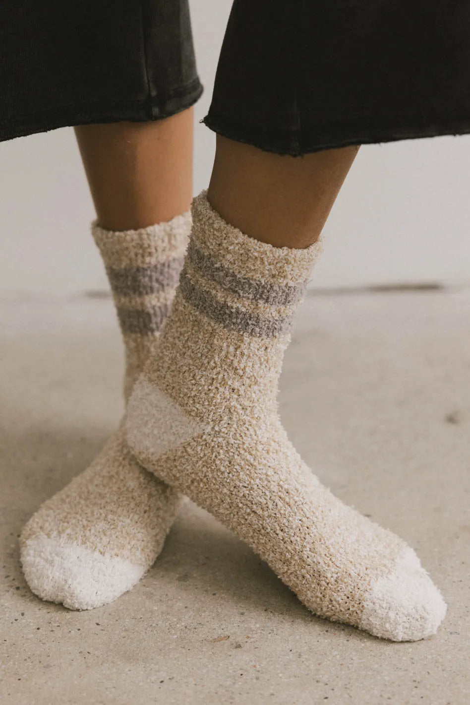 Cozy Beige Fuzzy Striped Socks for Women & Men - Soft Winter Warm Socks - Perfect for Home, Office & Outdoor Activities
