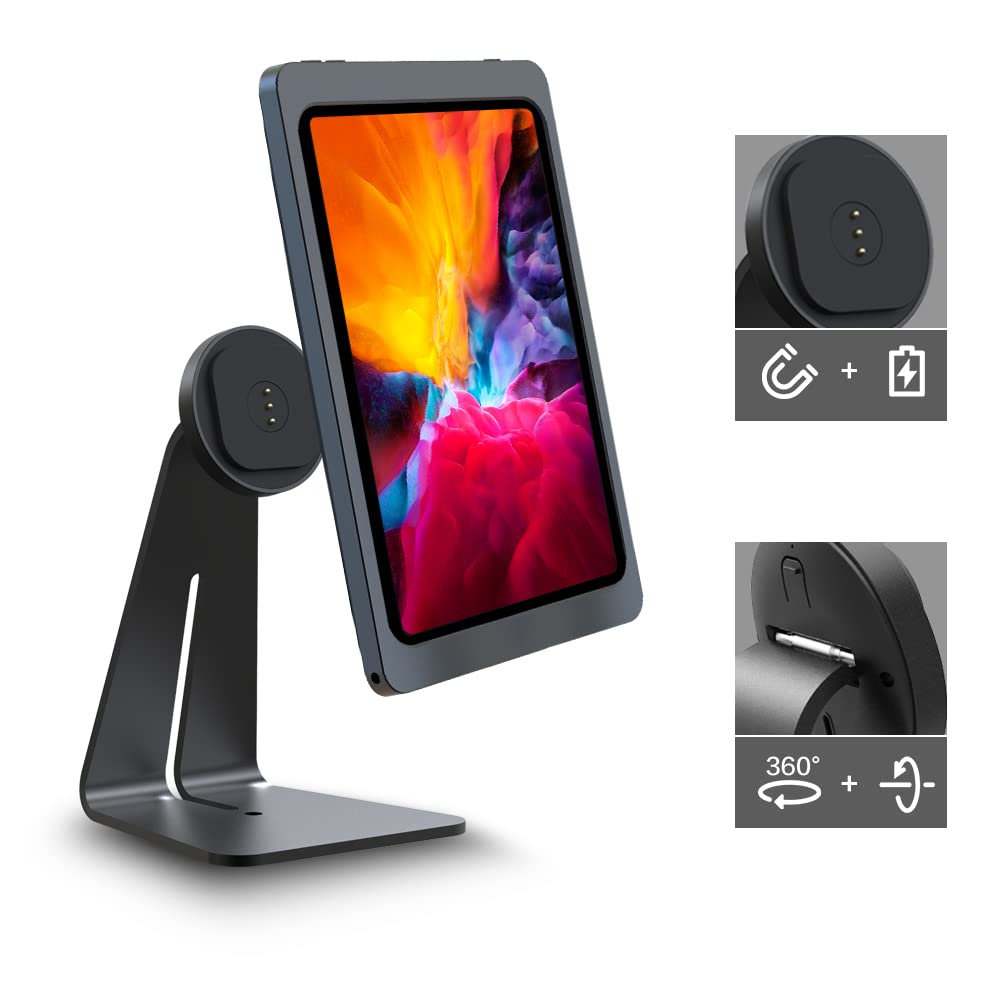 EMONITA Magnetic iPad Stand with 360° Adjustable Rotating Charging Port - Compatible with EMONITA iPad Cases (Black) - Perfect for Home Office, Bedside & Travel Use