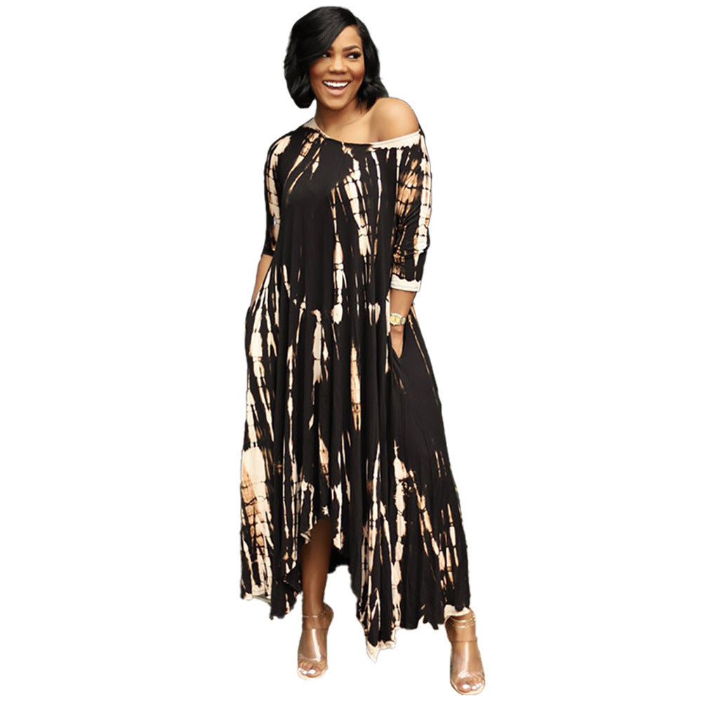 Long Slit Skirt Wide Neck Tie Dye Dress - Boho Chic Summer Maxi Dress for Beach Vacation & Music Festivals