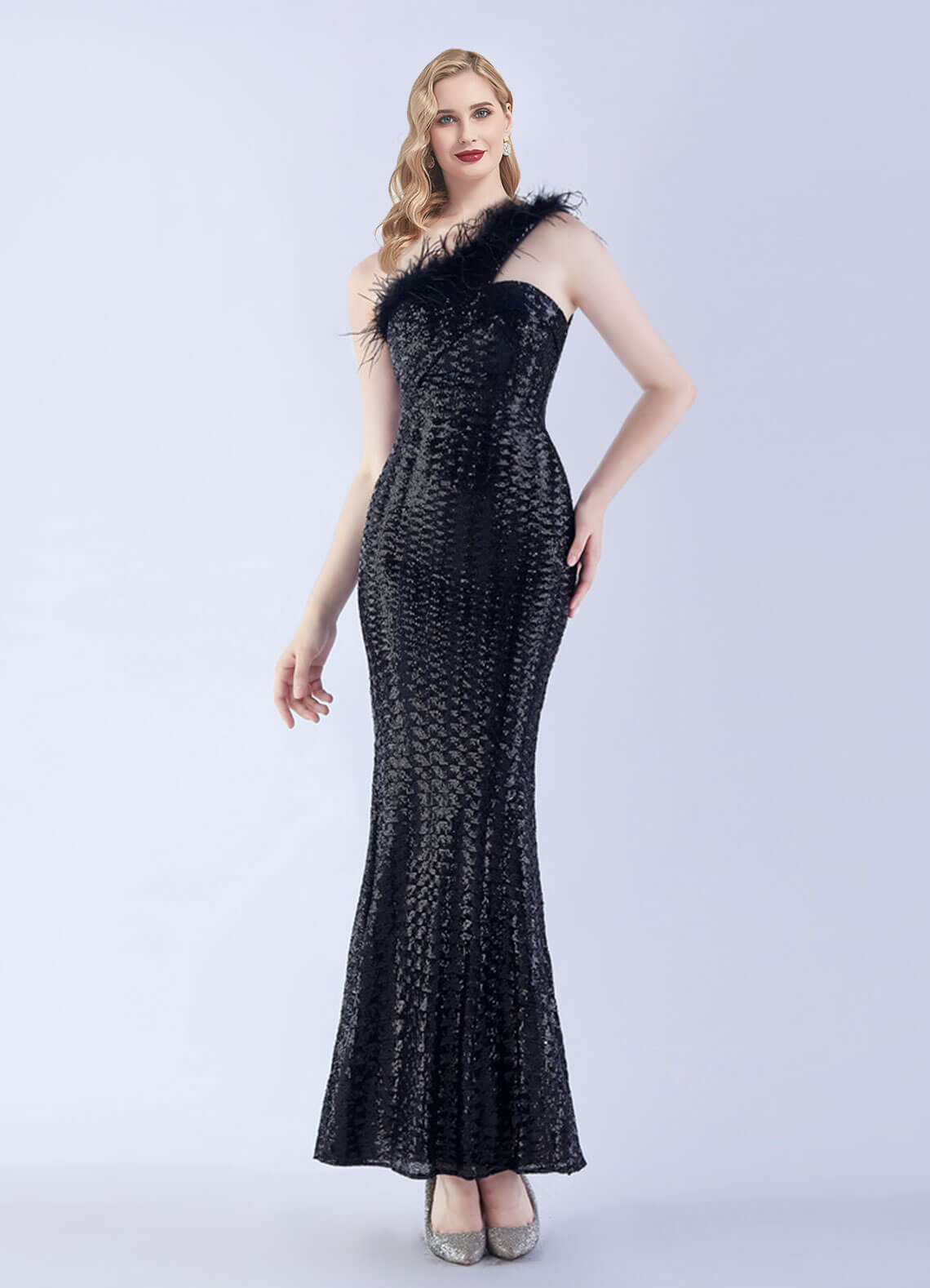 Elegant Black One Shoulder Feather Sequin Mermaid Evening Gown - Perfect for Prom, Gala, Wedding & Formal Events