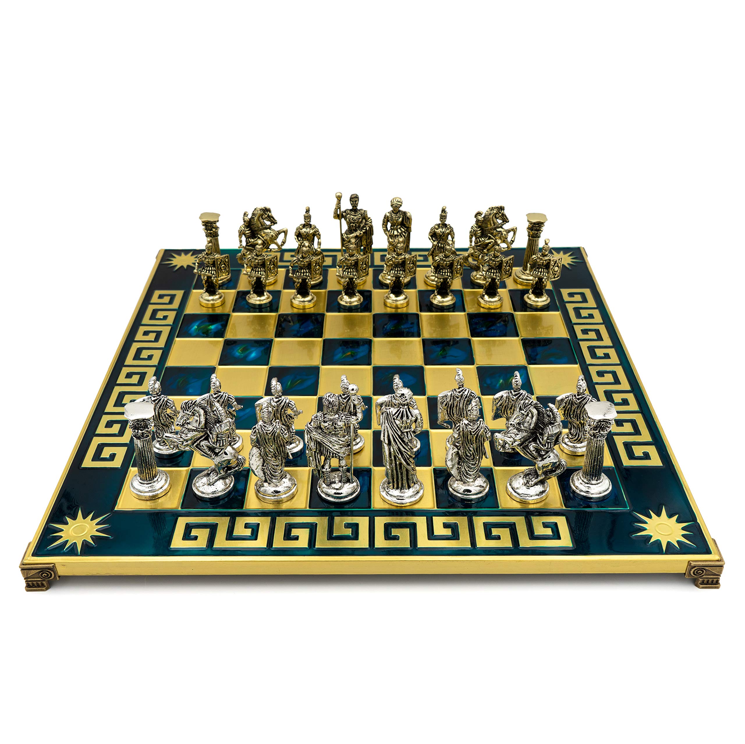 Helcee Handmade Roman Metal Chess Set with Wooden Storage Box - Blue Chess Board for Home Decor, Gifts & Strategy Game Lovers