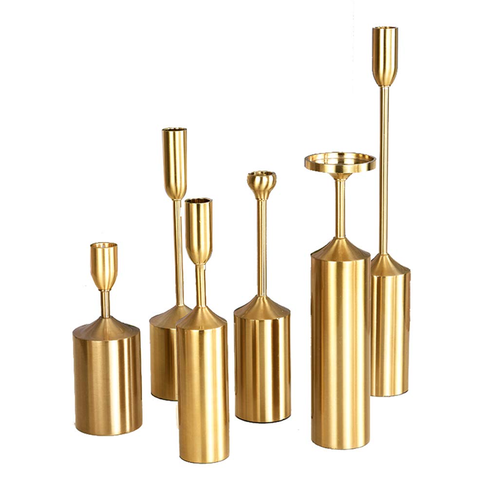XBSD Gold Brass Candle Holders Set of 6 - Elegant Wedding & Dining Table Decor, Metal Candelabra for 2cm Thick Candles & LED Candles - Perfect for Romantic Dinners, Wedding Centerpieces & Home Decor