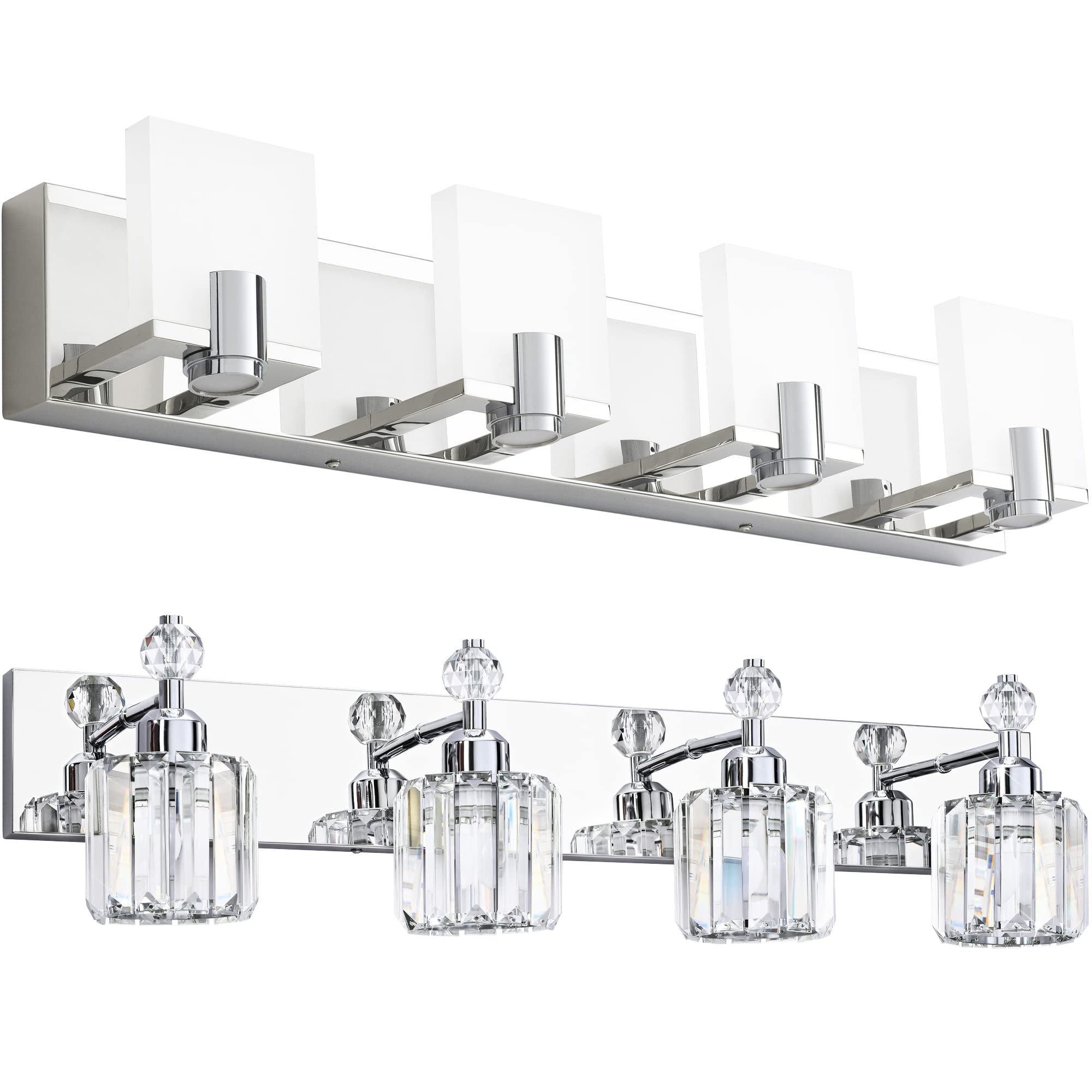 PRESDE Modern 4-Light LED Dimmable Chrome Bathroom Vanity Light with Crystal Accents - Perfect for Bathroom, Powder Room, and Dressing Room Lighting Upgrade