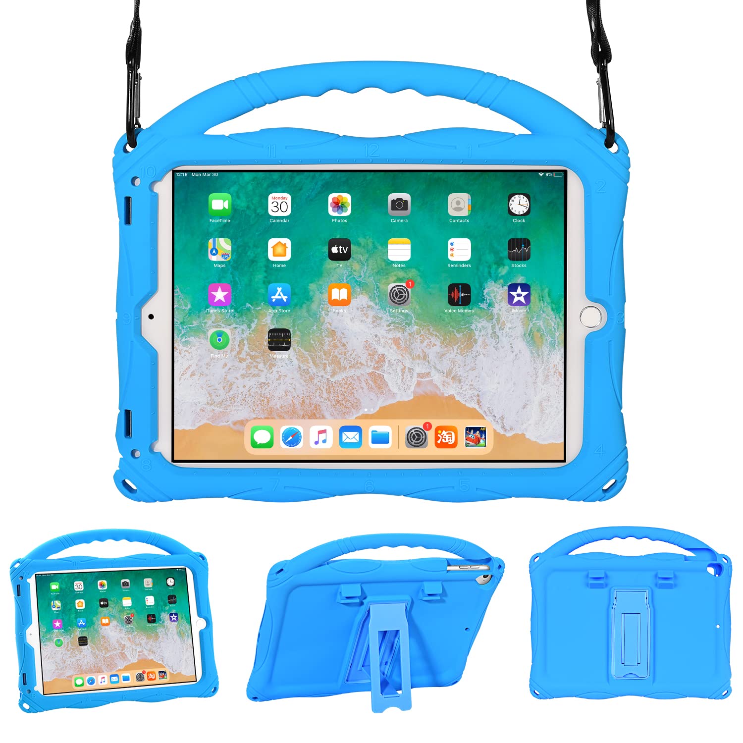Adocham Shockproof iPad Case for Kids - Compatible with iPad 6th/5th Gen (2018/2017), iPad Air/Air 2 & iPad Pro 9.7 Inch - Built-in Stand Handle & Adjustable Strap (D-Blue) - Perfect for School, Travel & Home Use
