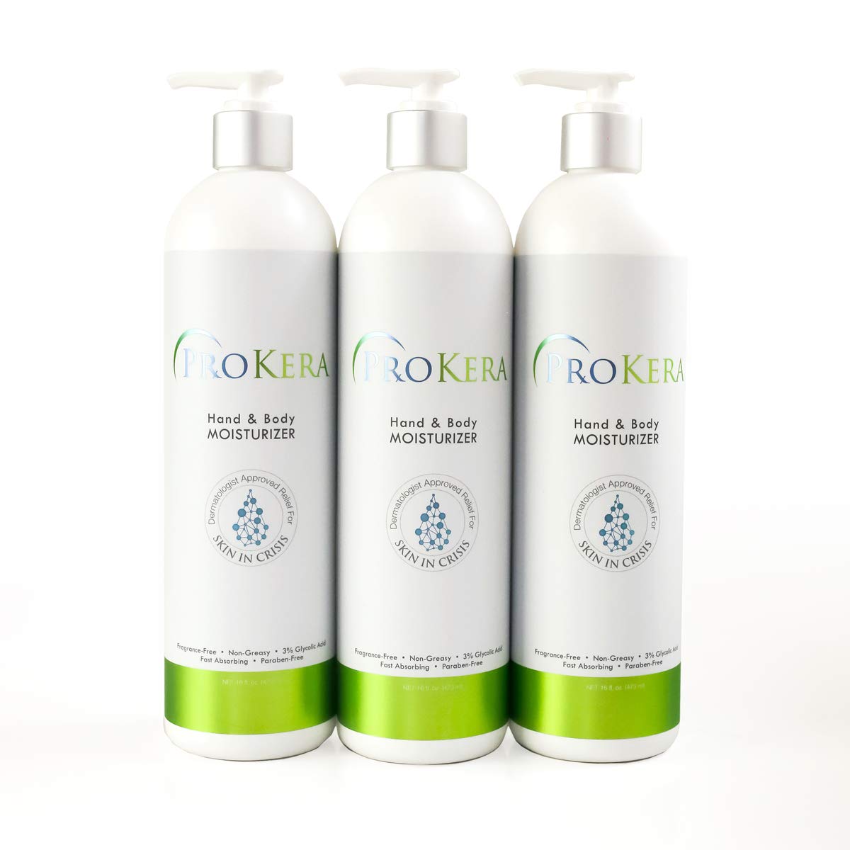 ProKera Hand & Body Moisturizer - 16 oz (Pack of 3) | Fragrance-Free, Non-Greasy Lotion with 3% Glycolic Acid for Dry Skin | Deep Hydration for Hands, Elbows & Knees | Perfect for Daily Use, After Shower & Winter Care