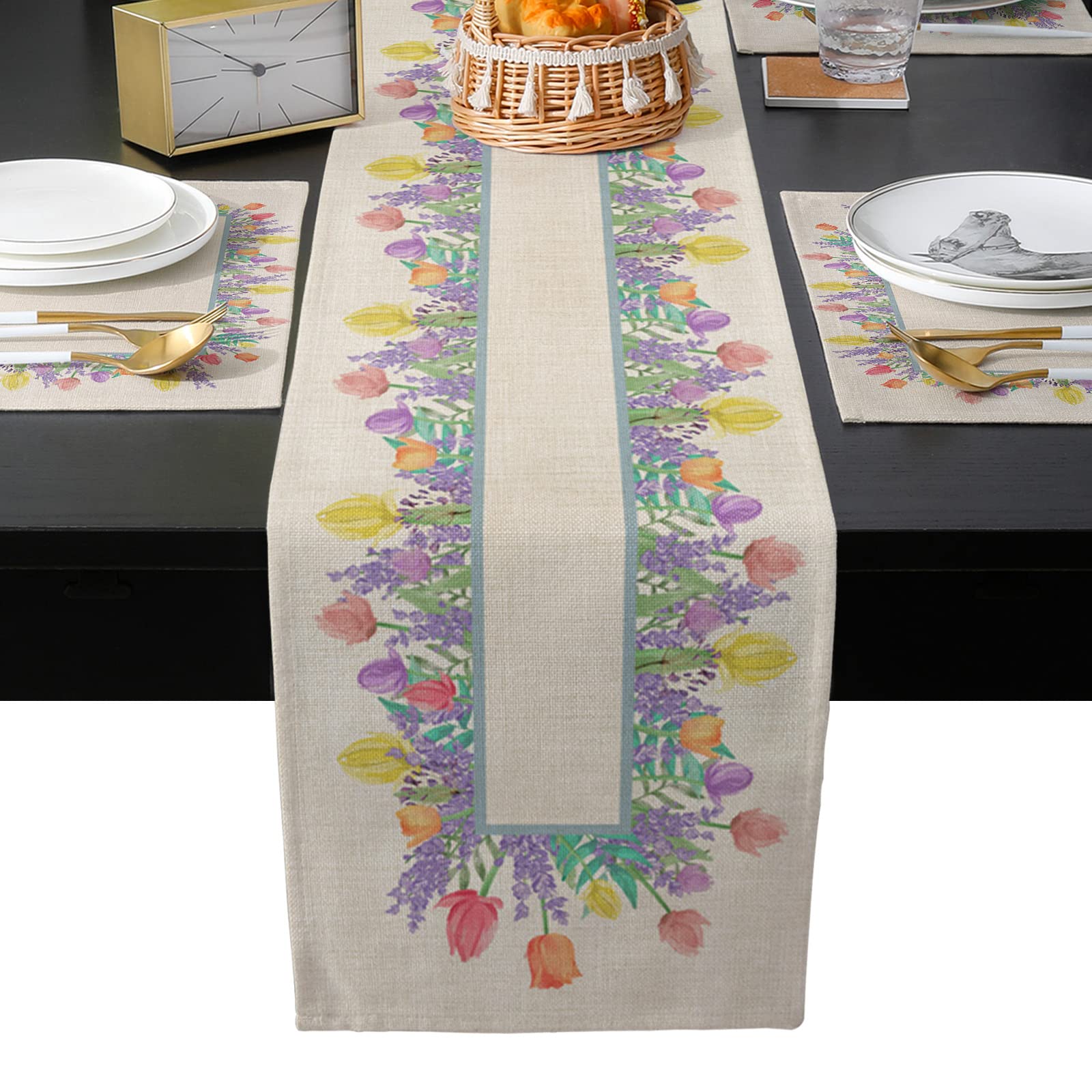 HOMECOLLECT 90 Inch Long Floral Table Runner with 6 Non-Slip Placemats - Tulip Lavender Flowers Beige Set for Kitchen, Dining Table, Wedding & Holiday Party Decorations | Perfect for Spring Celebrations, Bridal Showers & Elegant Home Dining