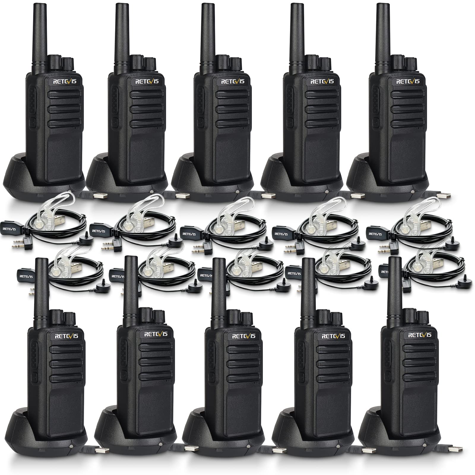 Retevis NR10 Heavy Duty Walkie Talkies (10 Pack) - AI Noise Canceling 2 Way Radios with VOX, 1200mAh Battery & USB Charging Base - Ideal for Factory, Warehouse, Construction Site & Outdoor Adventures