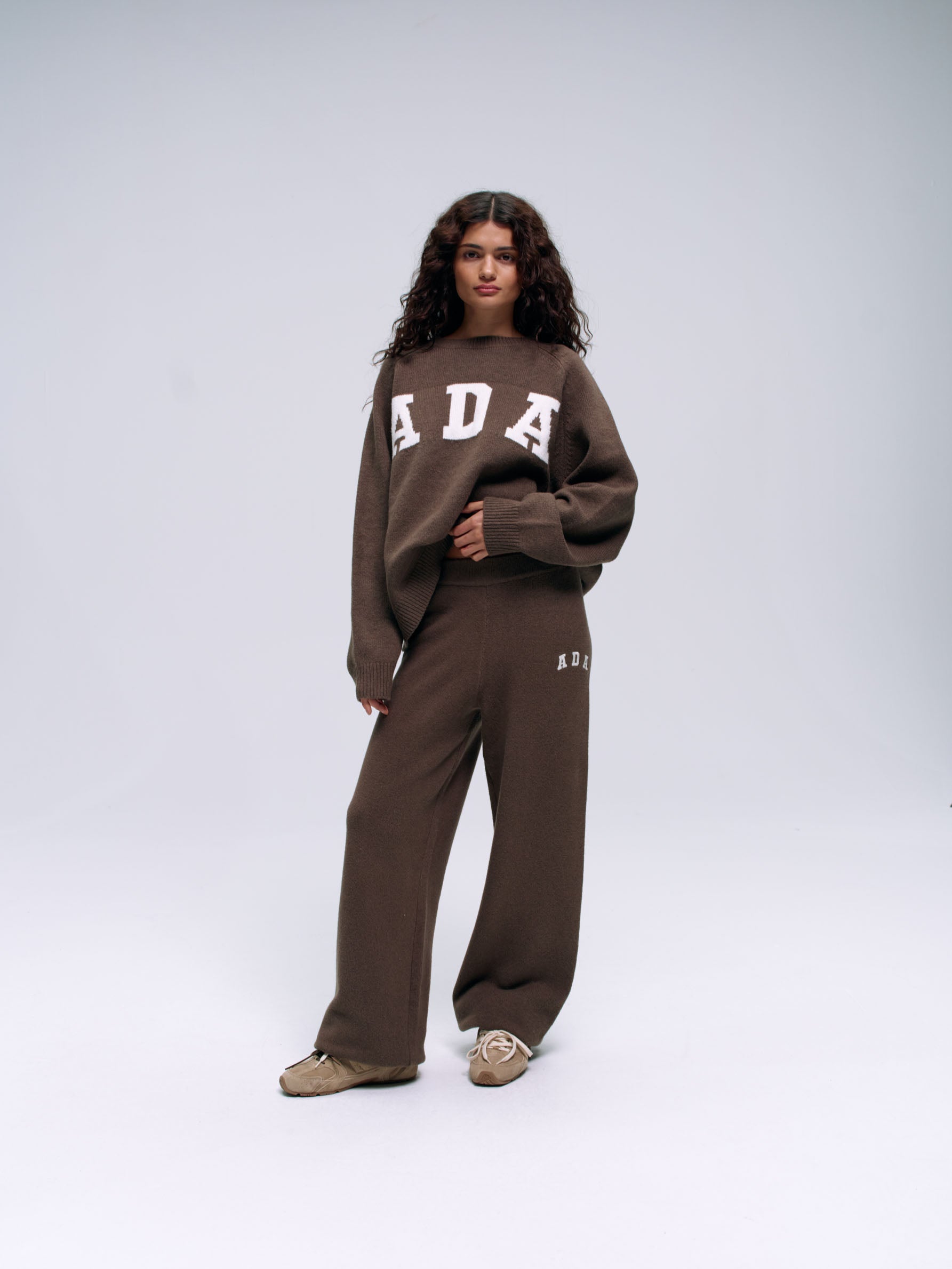 ADA Knit Straight Leg Sweatpants for Women - Dark Cocoa Brown & Cream | Comfortable Casual Lounge Pants for Home, Yoga, and Running