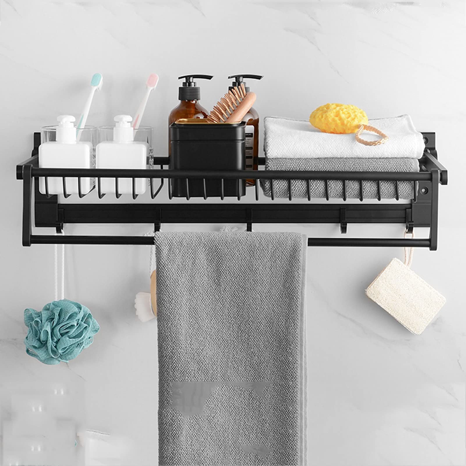 Foldable Wall Mounted Double Towel Holder - 5 Hook Space Aluminum Bathroom Shelf Organizer for Bathroom, Bedroom, Kitchen & Hotel - Black (50cm) - Perfect for Small Space Storage & Modern Home Decor