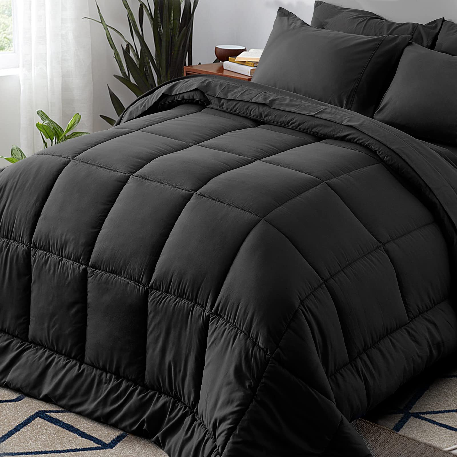 Queen Size 7-Piece Bed in a Bag Bedding Set - Lightweight Black Comforter Set, All-Season Ultra Soft Down Alternative Bedding with Comforter, Pillowcases, Flat Sheet & Fitted Sheet - Perfect for Master Bedroom, Guest Room & Dorm Comfort