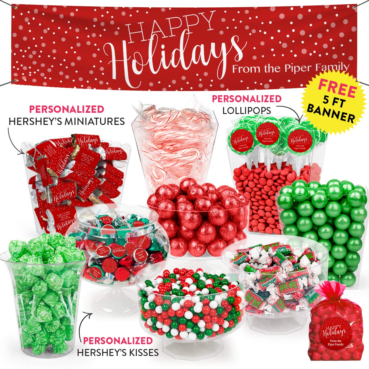 Christmas Candy Buffet - Over 14lbs Bulk Candy Assortment Including Hershey's Kisses, Candy Canes, Sixlets, Tootsie Rolls, Lollipops & More - Perfect for Holiday Parties, Office Treats & Festive Gift Baskets