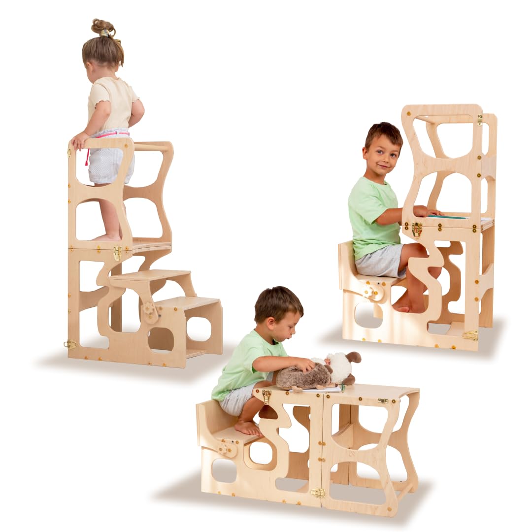 Wooden Step Stool for Toddlers - Montessori Learning Tower with Safety Rails | Kids Kitchen Helper Stool for Baking & Cooking | Non-Slip Toddler Standing Step Stool for Home & Preschool Use