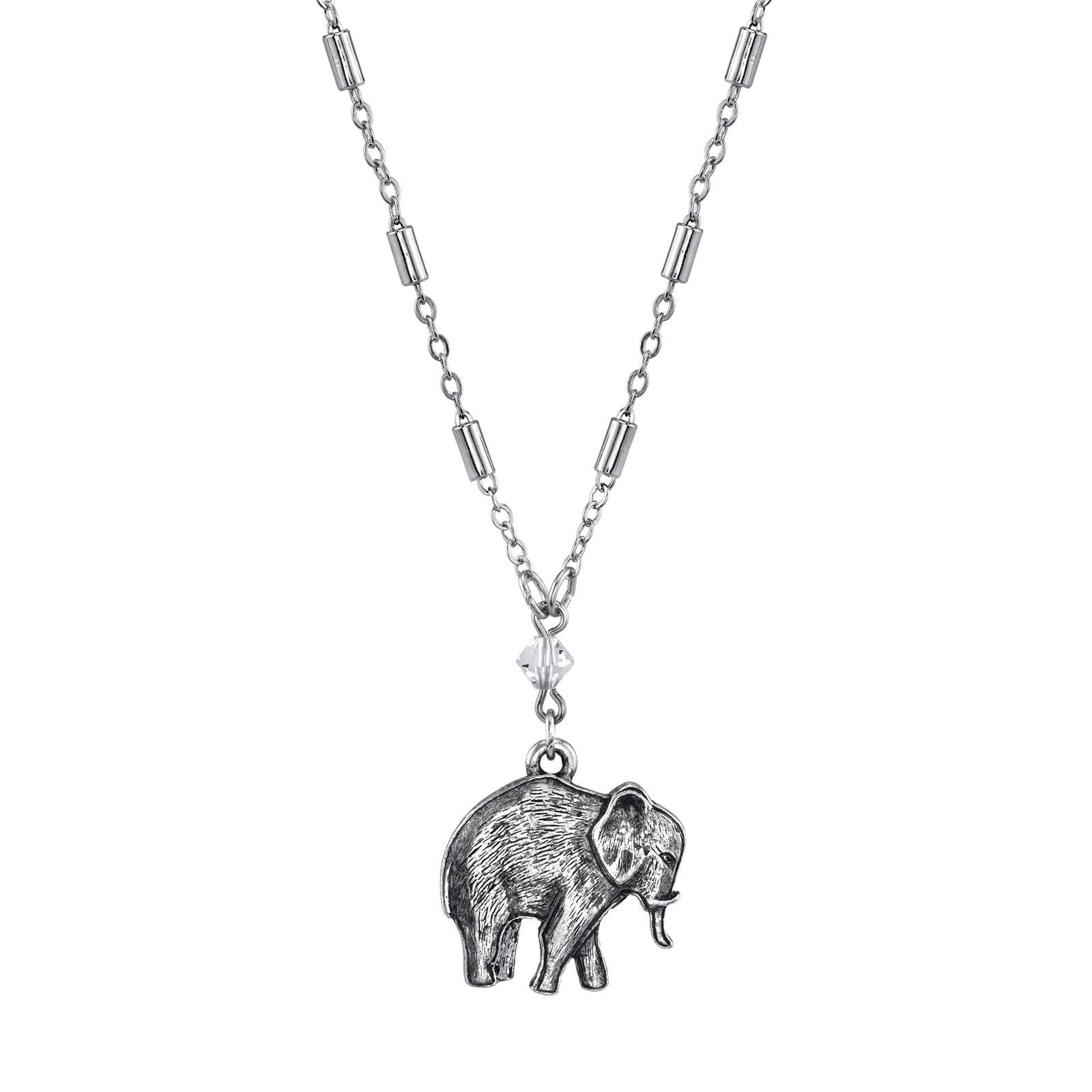 1928 Pewter Elephant Drop Pendant Necklace - 16