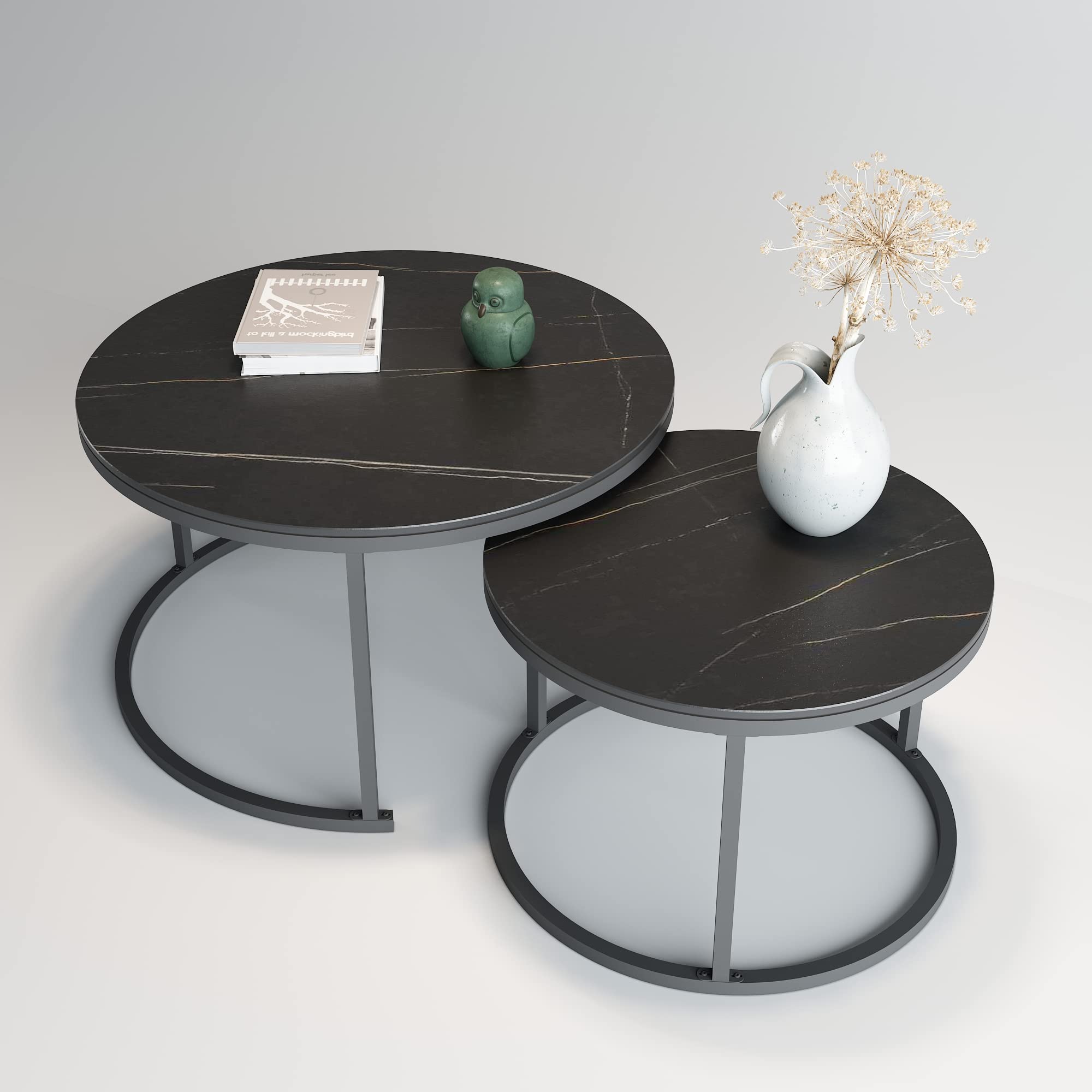 ZL ZELing 2-Piece Round Coffee Table Set for Living Room - Slate Table Top & Sturdy Metal Frame in Black & Gold - Perfect for Small Spaces, Modern Decor & Coffee Lovers