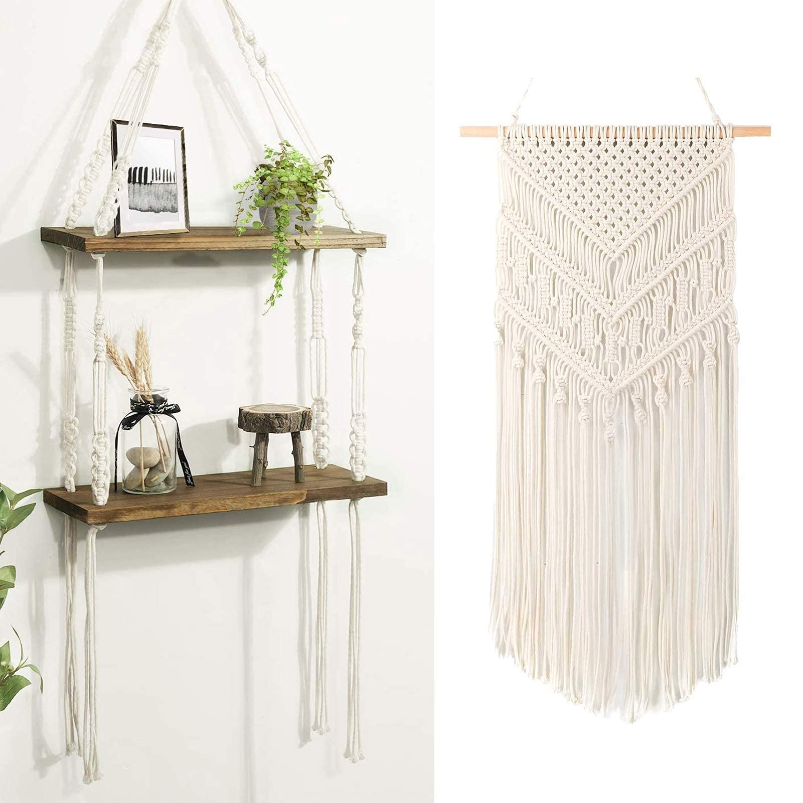 TIMEYARD Macrame Wall Hanging Shelves - 2 Tier Wooden Boho Shelf for Bedroom, Living Room & Bathroom Decor | Perfect for Small Space Storage & Bohemian Style Home Decor