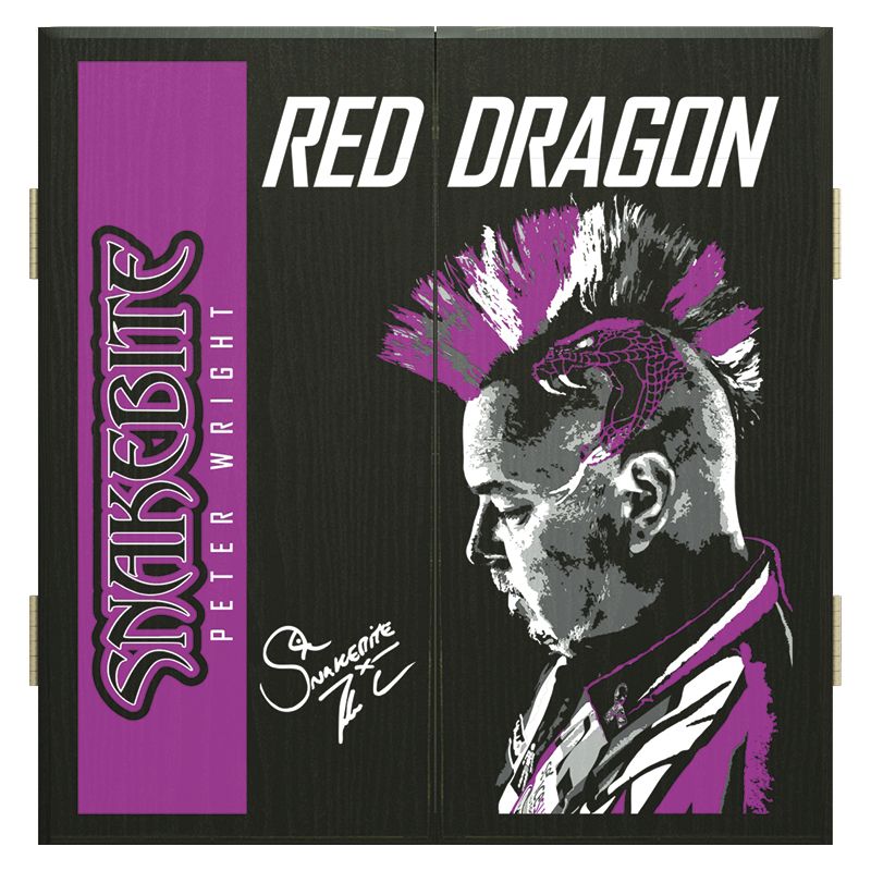 Premium RED DRAGON Peter Wright SNAKEBITE Deluxe Dartboard Cabinet Set - Professional Bristle Dart Board with Wooden Cabinet & Accessories - Perfect for Home Game Rooms, Bars, and Pub Entertainment