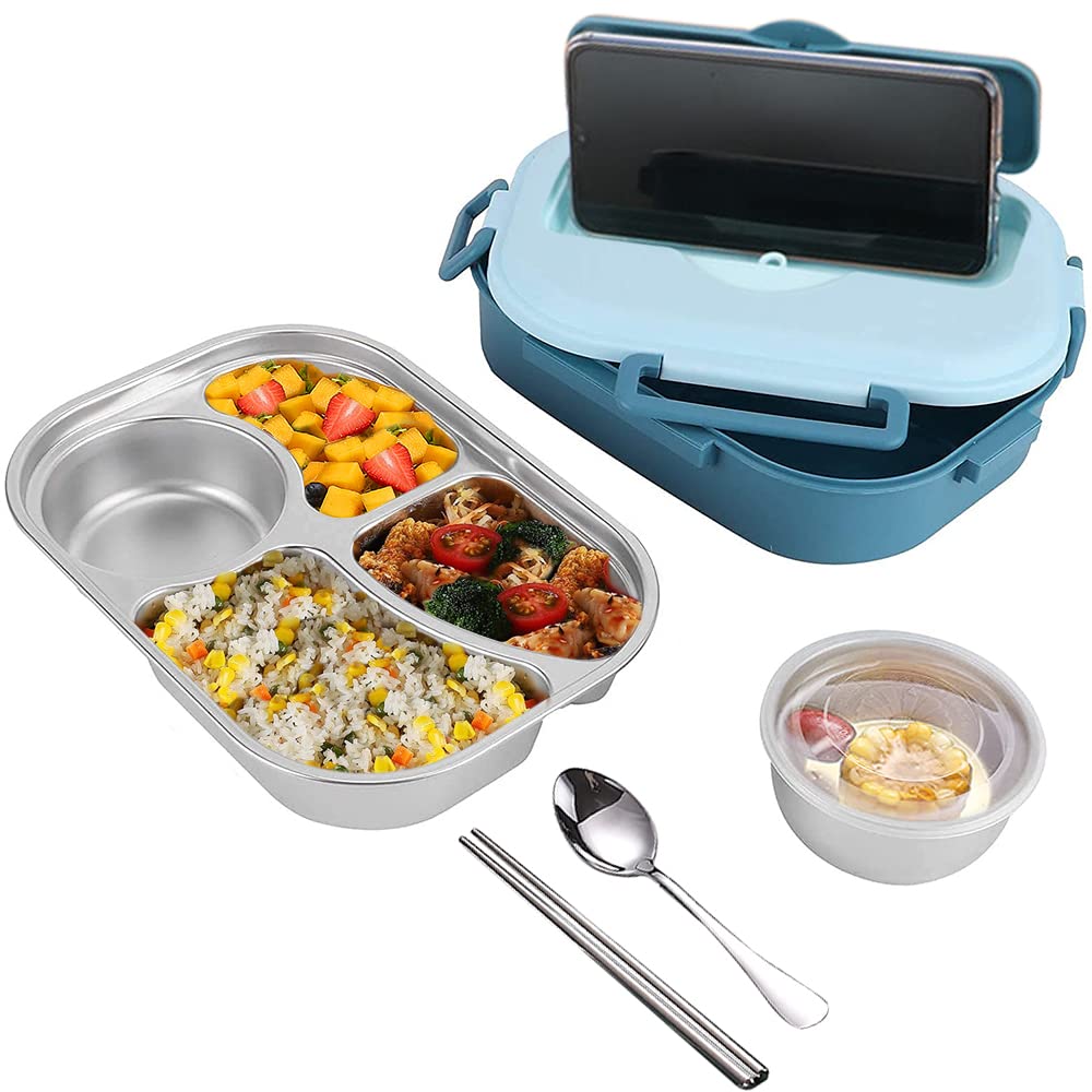 Premium Stainless Steel Lunch Box 4 Compartments - Leakproof Bento Box for Kids, Students & Adults | Large 50oz Food Storage Container with Airtight Lid | Ideal for School, Office, Picnics & Travel (Blue)