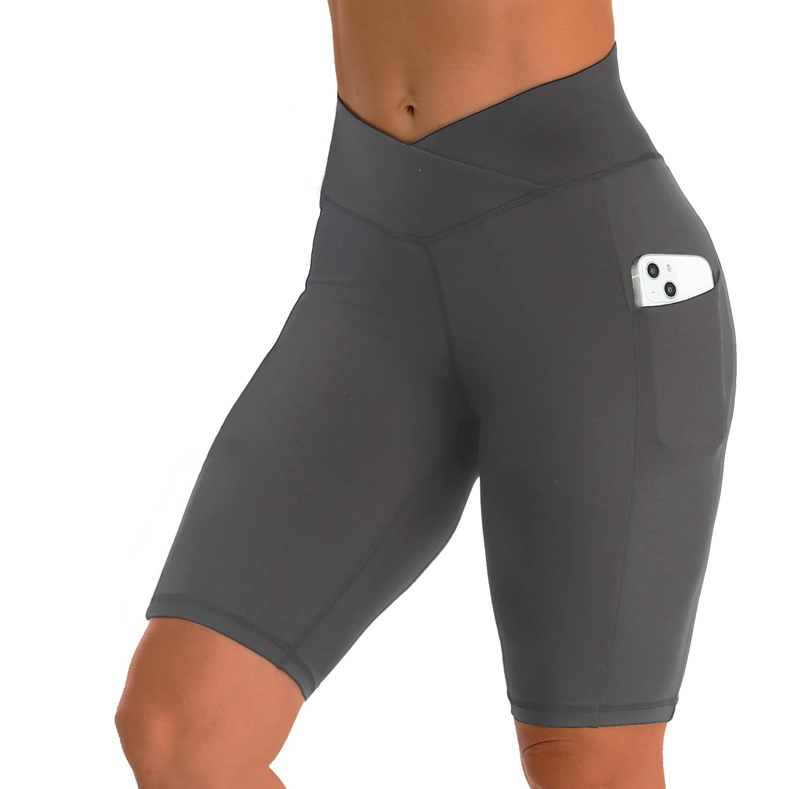 UURUN Women's 5'' Cross Waist Workout Shorts with Side Pockets - High Waist Gym Shorts for Running, Yoga & Fitness Training