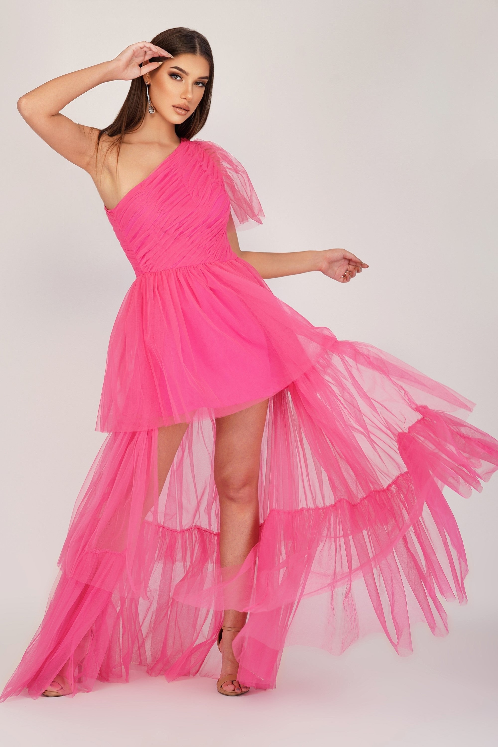 Rowena Bright Pink One Shoulder Tulle Gown - Elegant Prom Dress for Women, Formal Evening Gown for Special Occasions, Wedding Guest Dress, Quinceañera Ball Gown