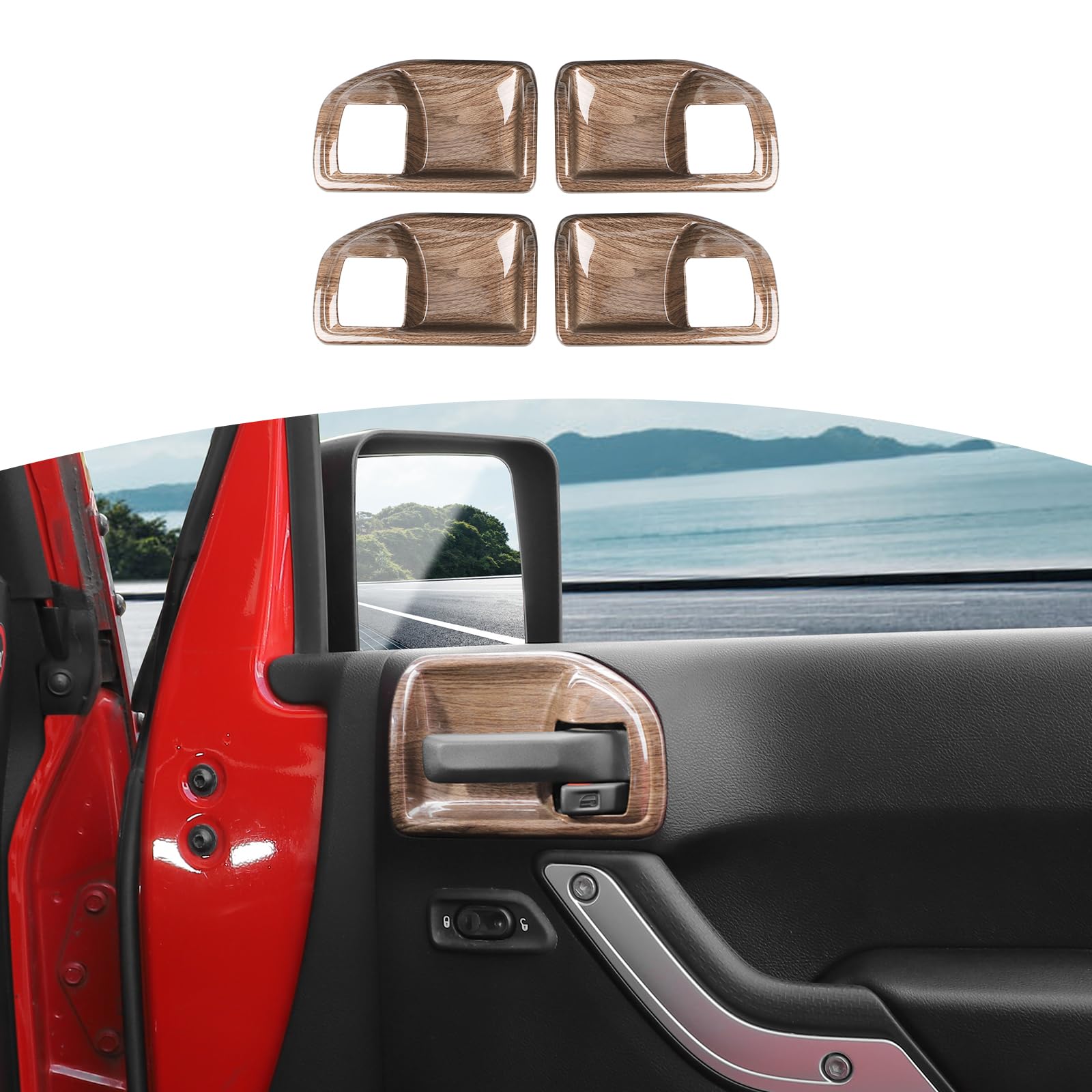 Jeep Wrangler JK JKU Inner Door Handle Cover Bowl Trim - RT-TCZ Fit for 2011-2017 4DR Models, Brown Wood Grain Interior Accessories (4-Piece Set) - Upgrade Your Jeep's Interior Style for Off-Road Adventures & Daily Driving