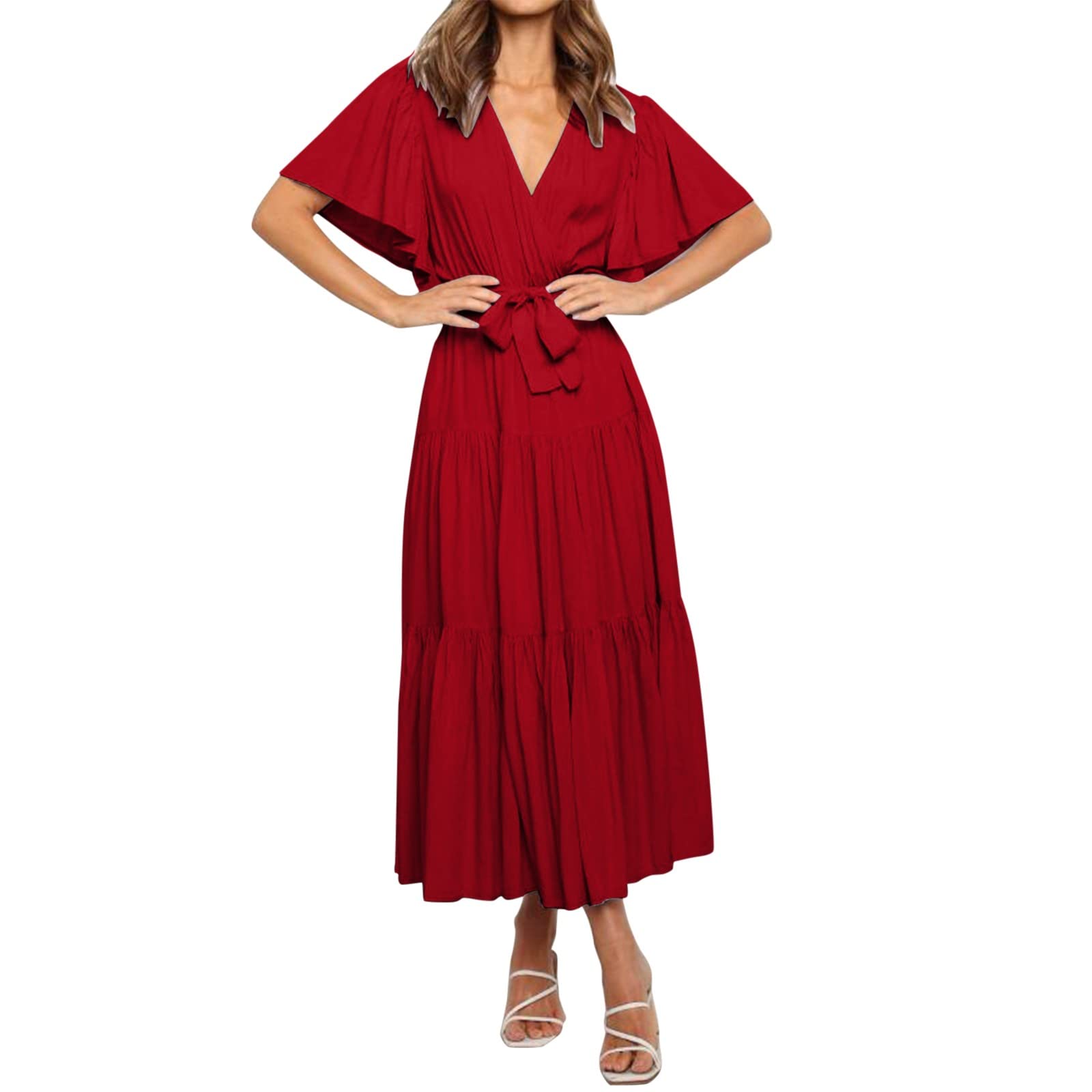 Women's Summer Casual Ruffle Wrap Dress - Short Sleeve V-Neck Flowy Sundress | Perfect for Beach Vacations, Date Nights & Summer Outings