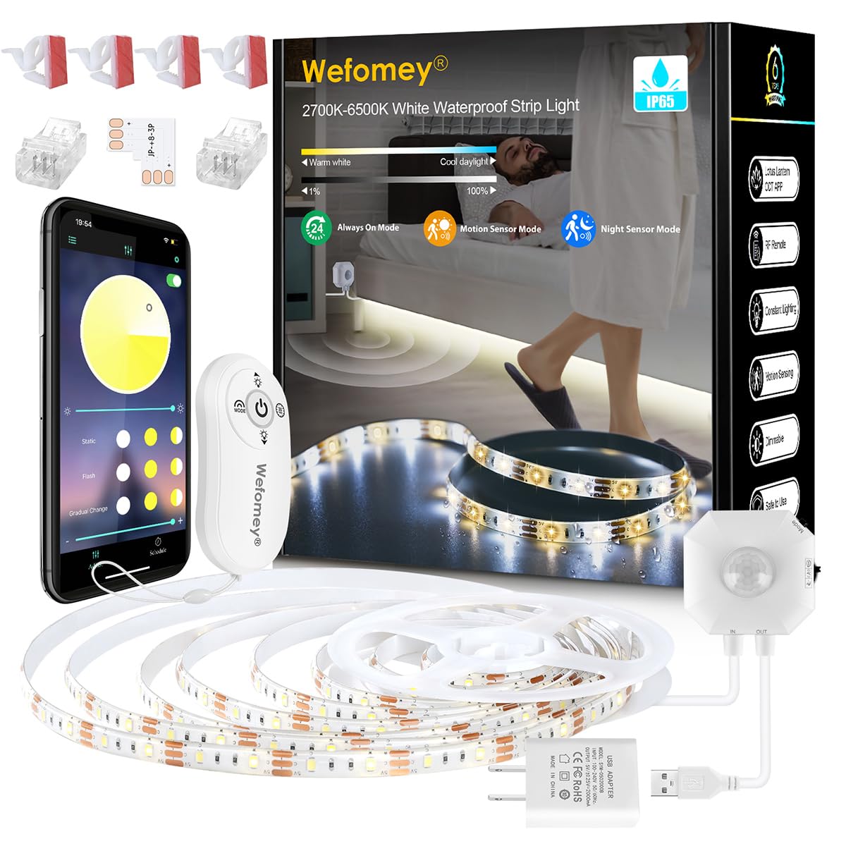 10ft Waterproof LED Strip Lights with Motion Sensor, Remote & APP Control - Adjustable Warm White to Cool White (2700K-6500K) - 5V Bright LED Tape Light for Bathroom, Porch, Balcony, Kitchen, Bedroom & Outdoor Decor