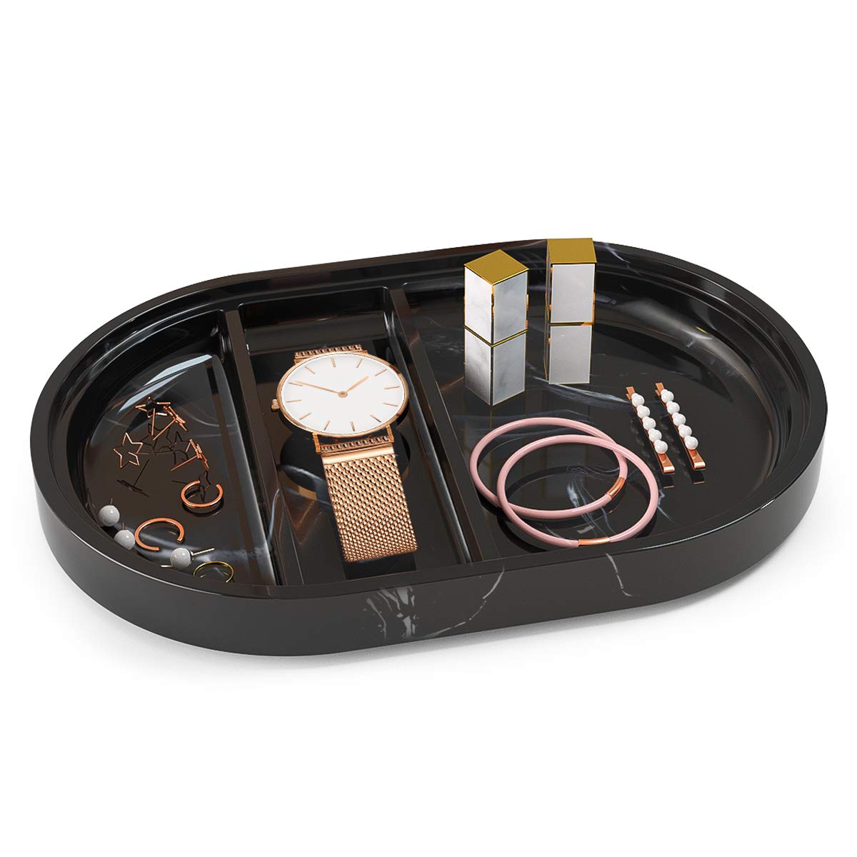 Luxspire Marble Style Vanity Tray with 3 Compartments - Ink Black | Bathroom & Kitchen Organizer for Jewelry, Perfume, Soap, Candles | Elegant Dresser Tray for Countertop, Toilet Tank & Nightstand Decor