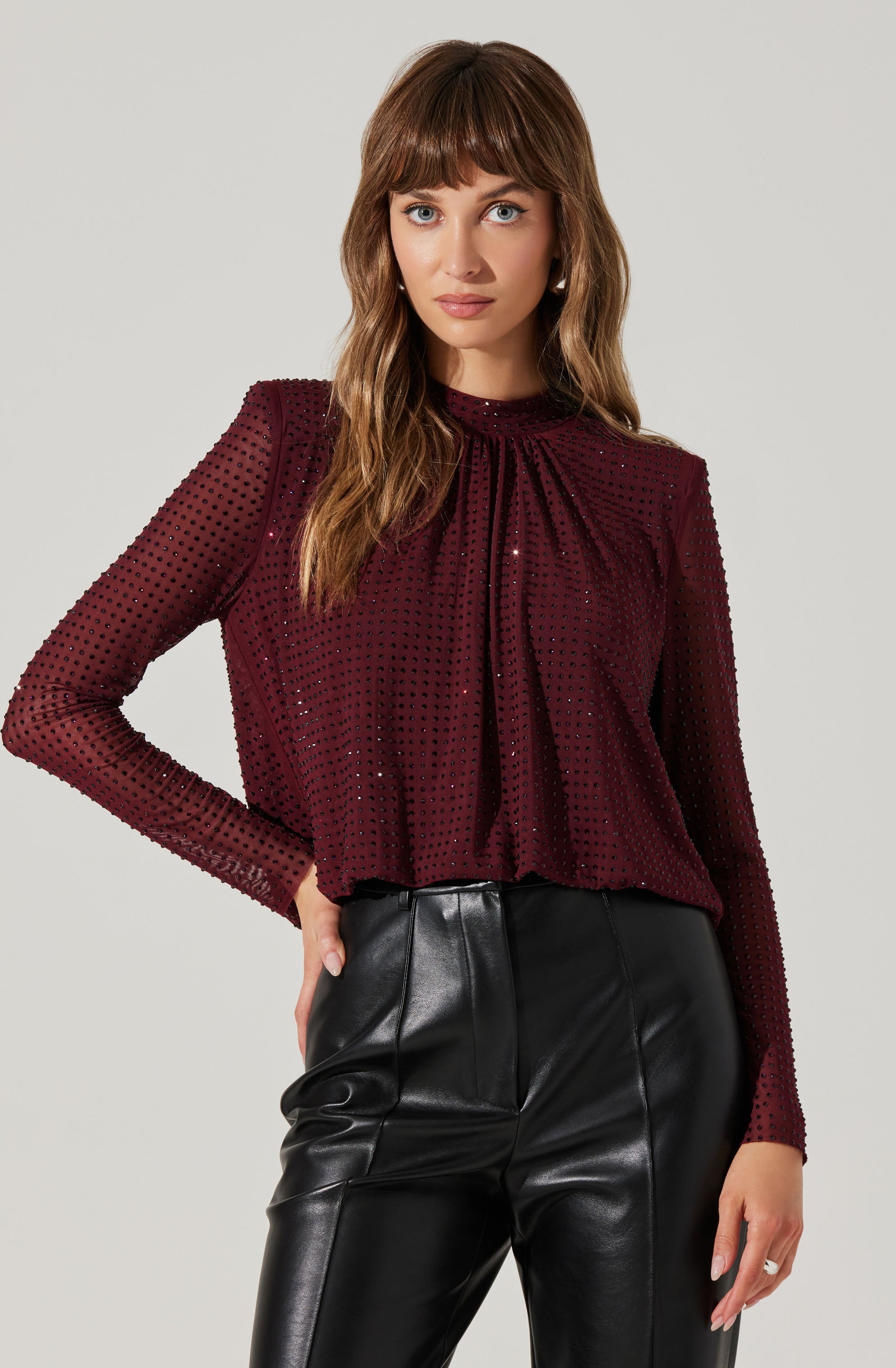 Elegant Balsa Mock Neck Rhinestone Blouse for Women - Perfect for Evening Parties, Date Nights & Special Occasions