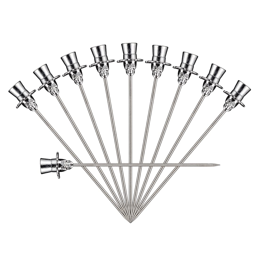 4.5 Inch Stainless Steel Skull Cocktail Picks - Reusable Martini & Fruit Toothpicks for Bar, BBQ, Party Snacks - Set of 10 Silver Top Hat Skewers - Perfect for Cocktail Garnish, Charcuterie Boards & Appetizer Presentation