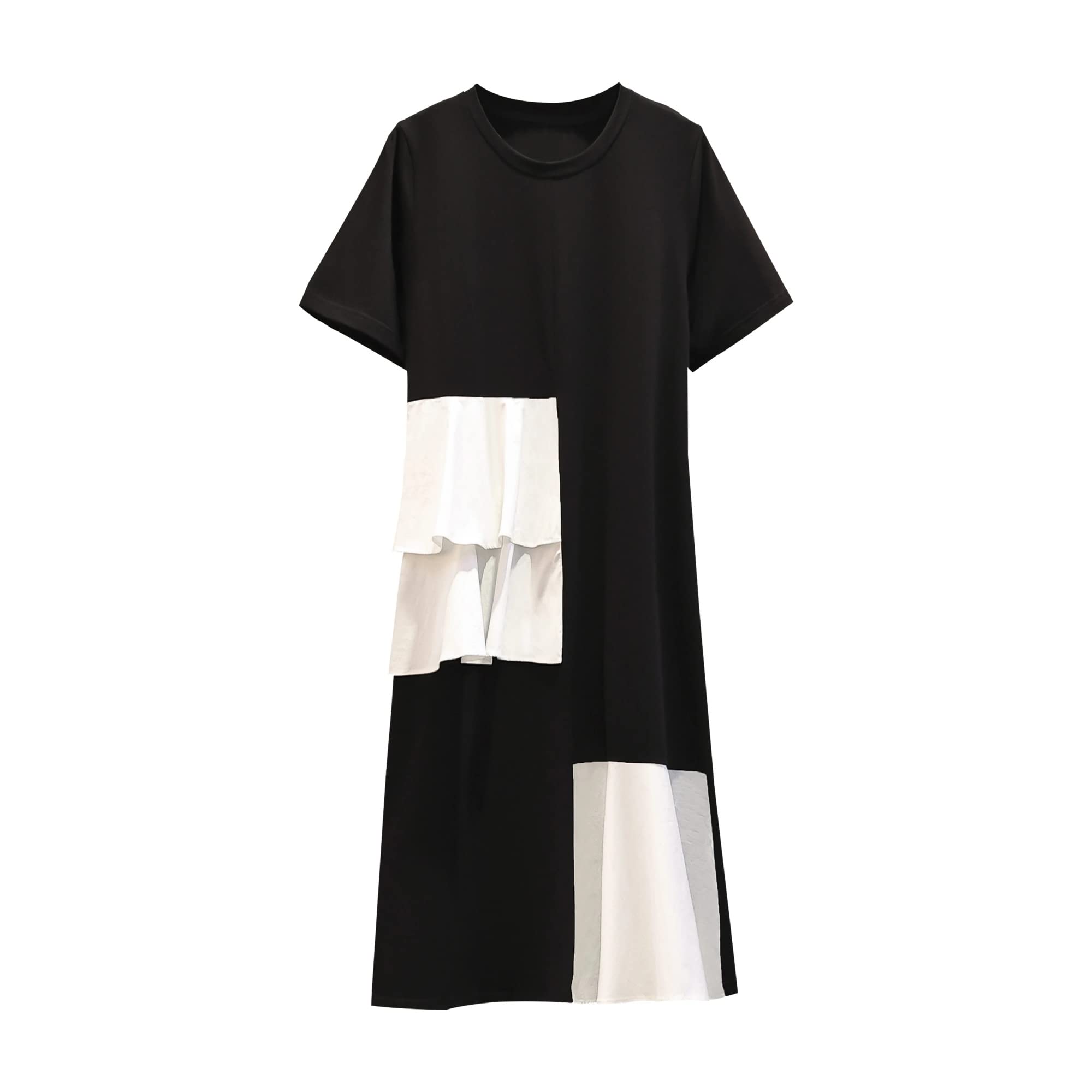 SKREOJF Women's Summer Loose T-Shirt Dress - Asymmetrical Ruffle Patchwork Cotton Oversized Maxi Dress (Black, XXL) | Beach Cover Up, Casual Outing, Vacation Wear