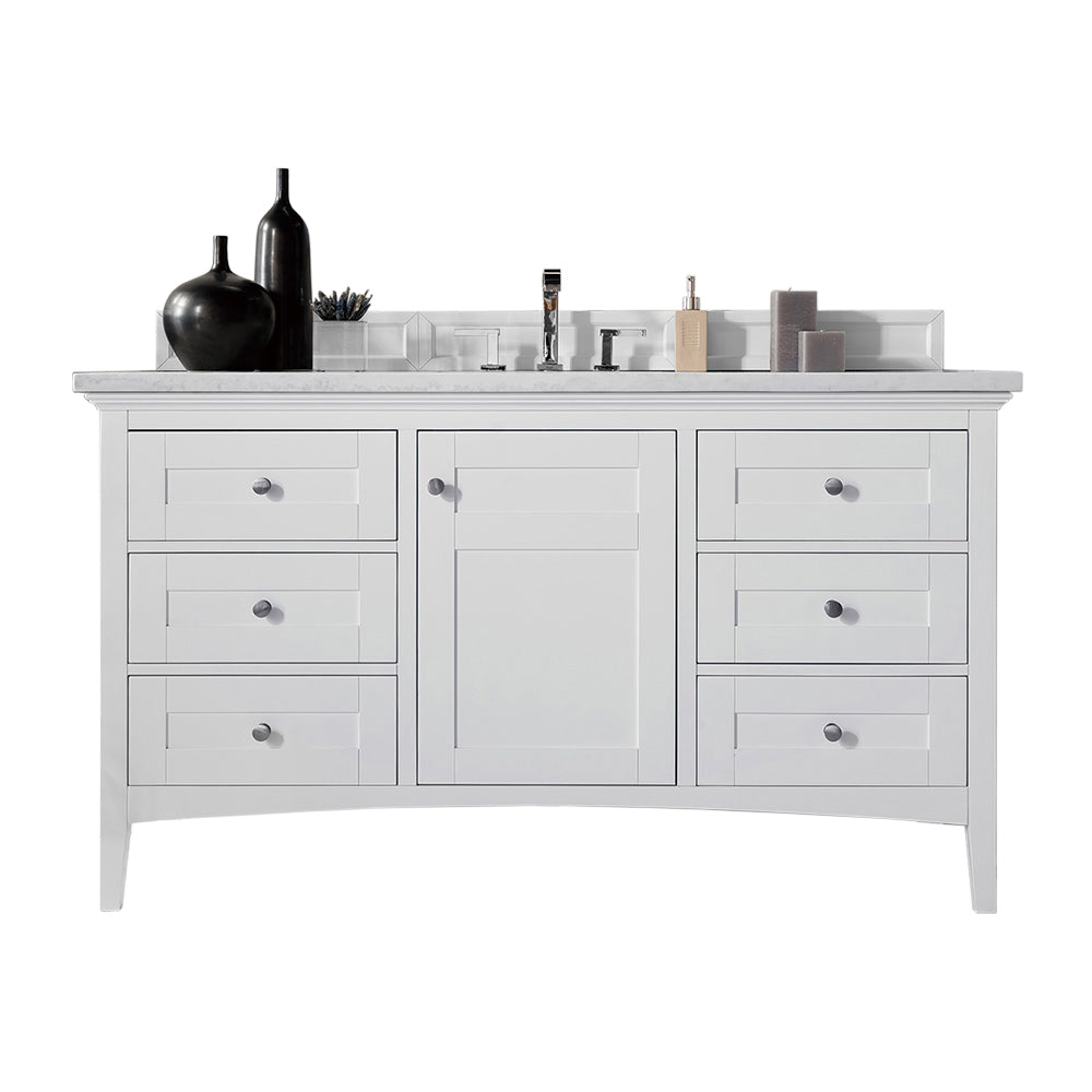 Palisades 60 Inch Single Bathroom Vanity Set with Eternal Jasmine Pearl Quartz Top - Bright White Finish for Modern Bathroom Decor | Perfect for Master Bath, Guest Bath & Powder Room Renovations