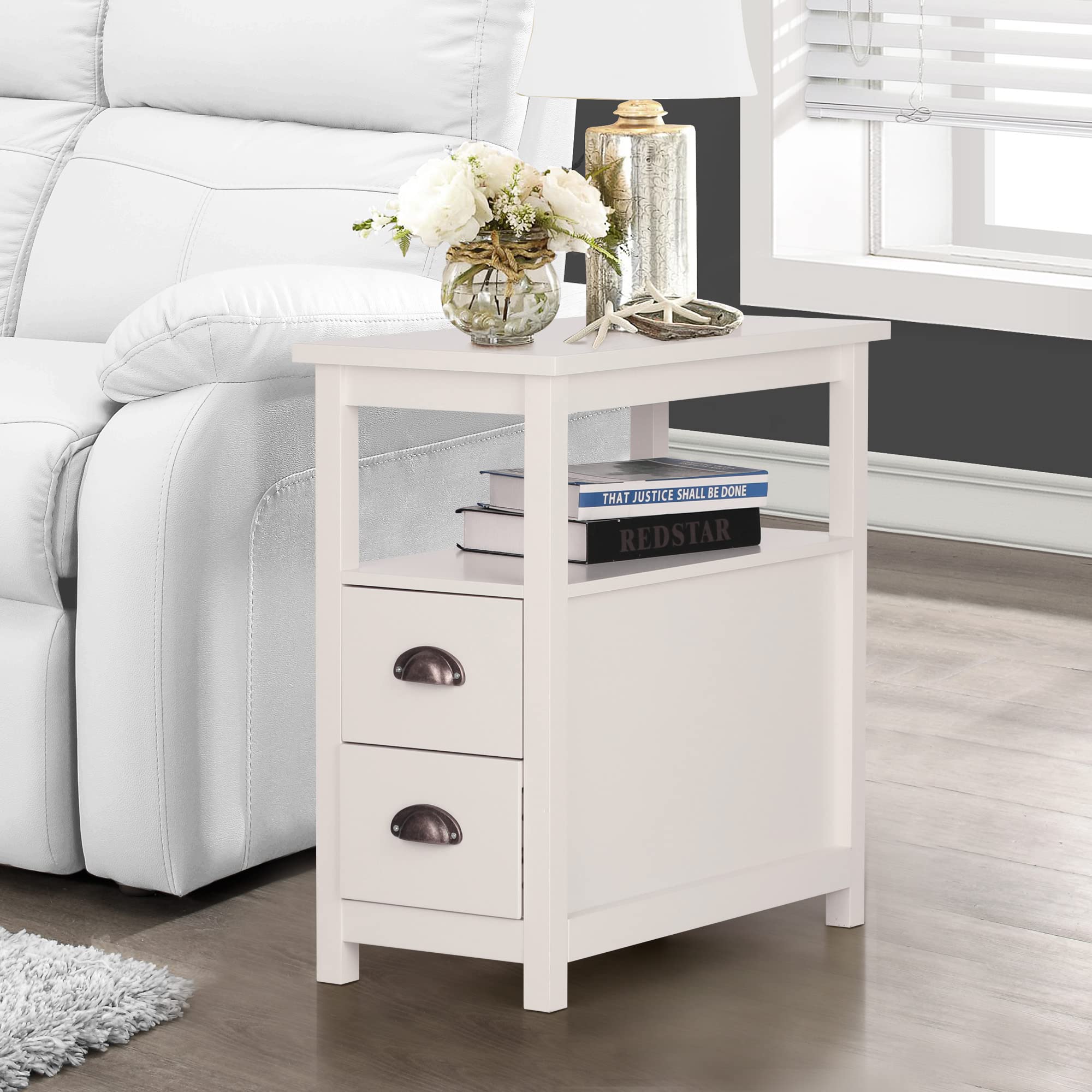 MAISON ARTS Narrow End Table with Storage Drawers & Open Shelf - Compact Sofa Side Table, Nightstand for Bedroom & Living Room - Ivory - Perfect for Small Spaces, Apartment Decor & Guest Room Furniture