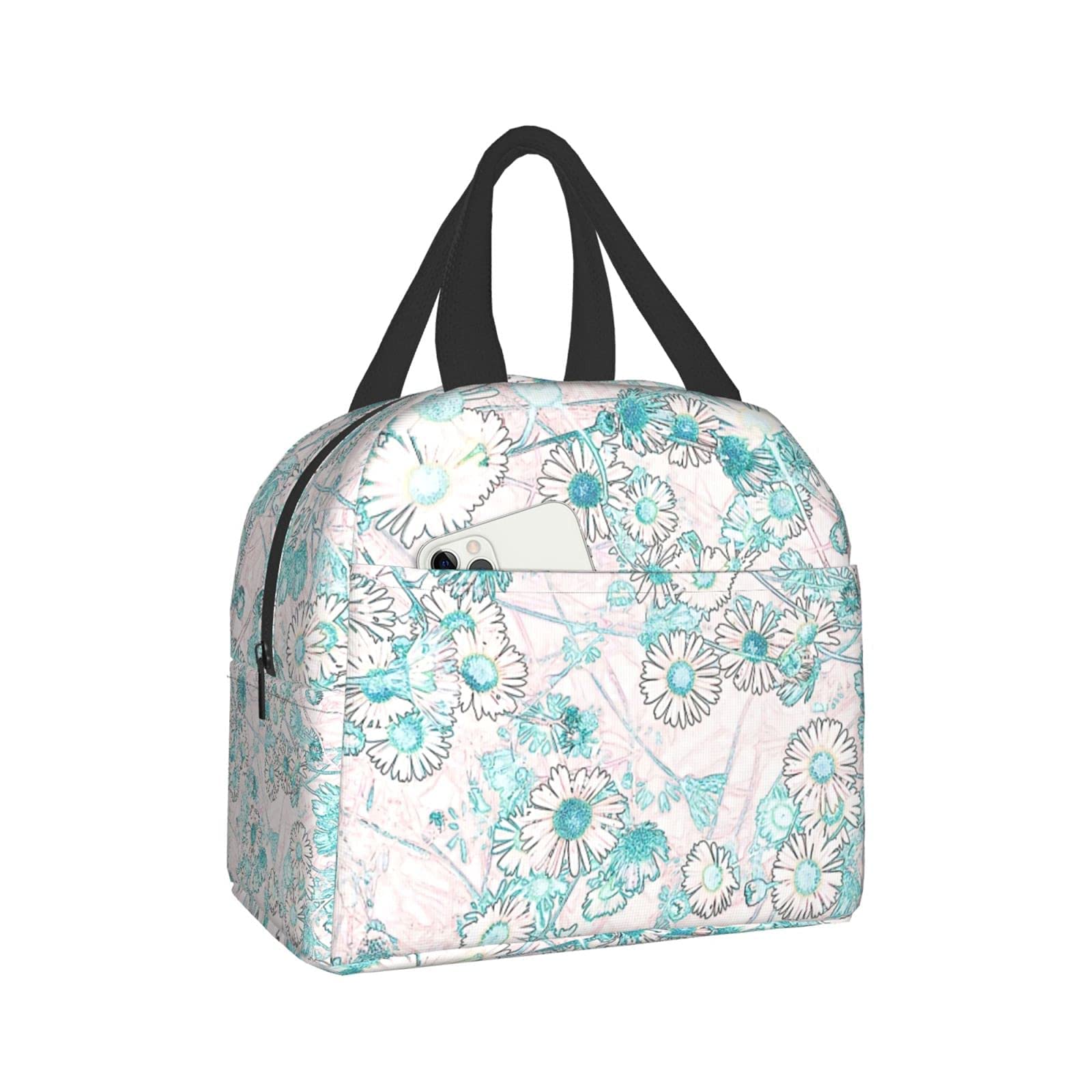 Insulated Lunch Bag for Women & Men - Daisies Green Pink Tote Lunch Box for School, Work, Travel, Picnic | Leakproof Food Container for Office, Outdoor Activities & Daily Commute