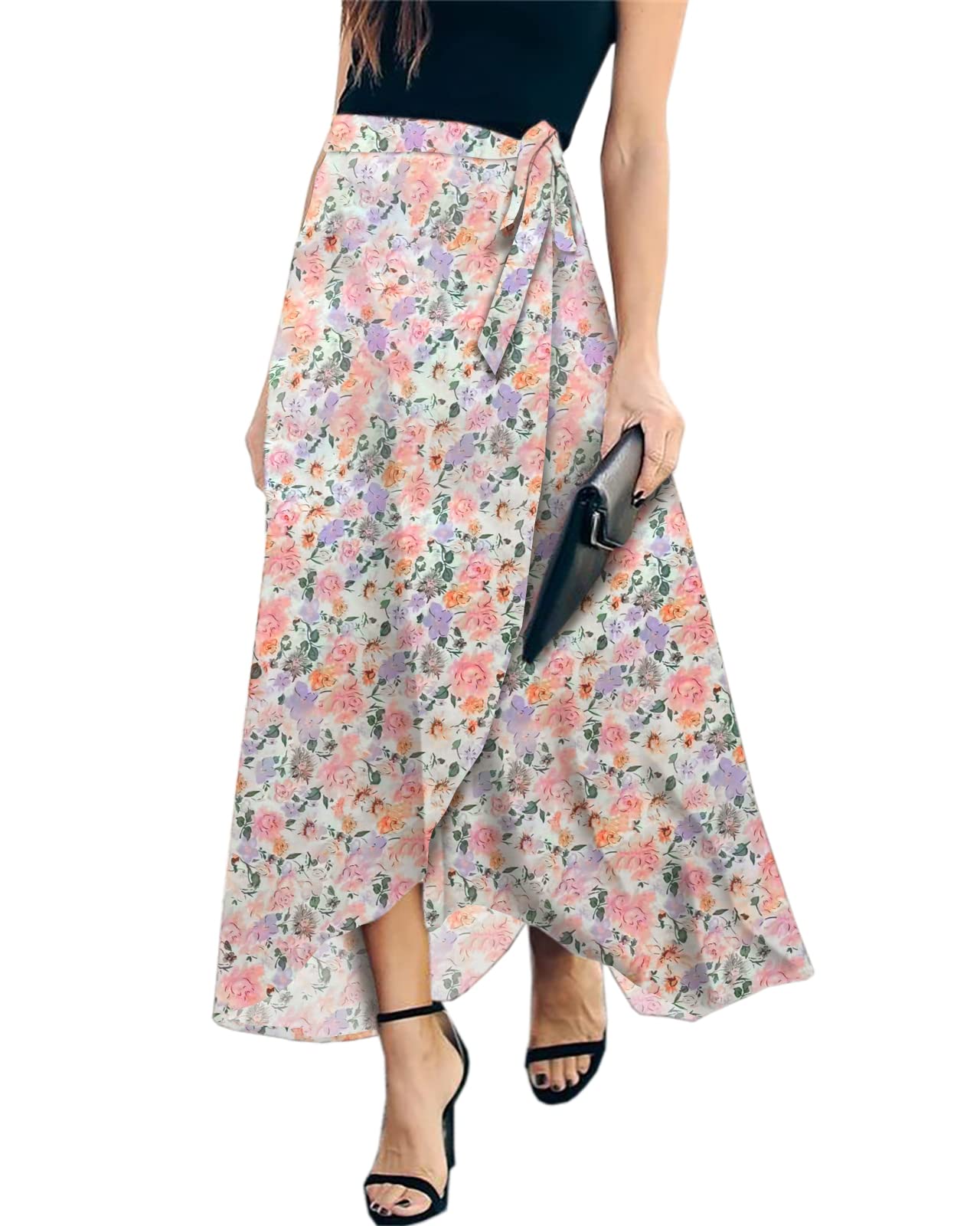 Boho Floral Print Maxi Skirt for Women - High Waist Summer Beach Wrap Skirt with Self-Tie Waist | Perfect for Vacations, Music Festivals & Boho Fashion Outfits