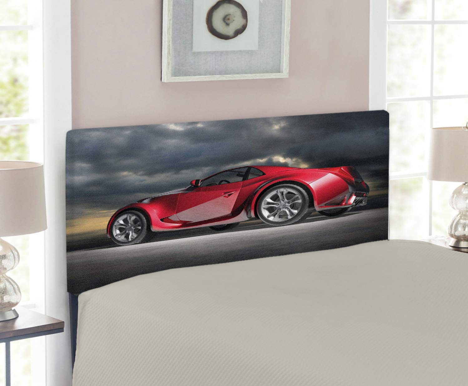 Ambesonne Twin Size Upholstered Headboard - Modern Red Sports Car Design with Dramatic Sky Backdrop, Memory Foam Padding, Metal Frame (Red/Grey/Black) | Perfect for Boys' Bedroom, Racing Theme Decor, Teen & Kids Room Upgrade