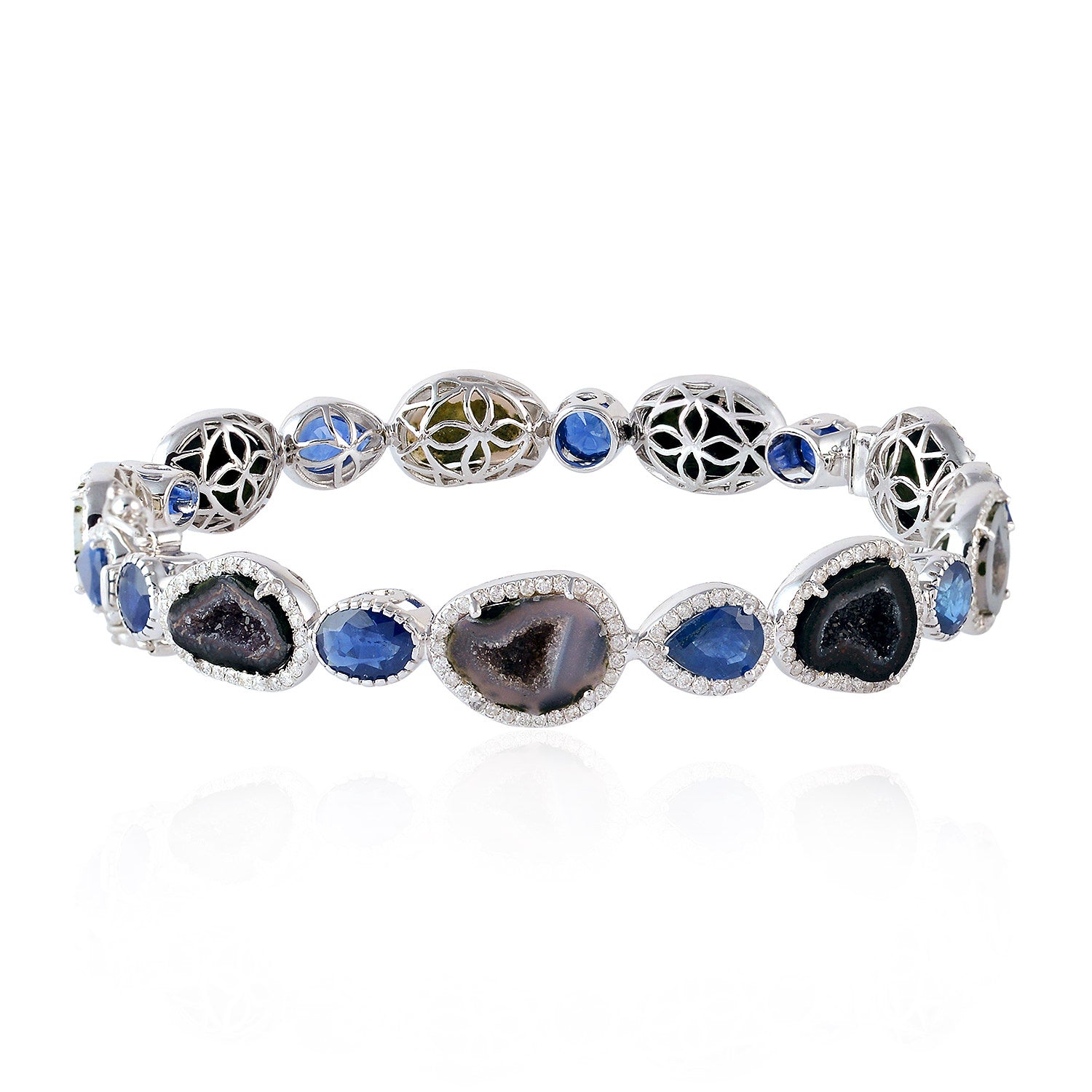 Blue Sapphire Uneven Geode Pave Diamond 18k White Gold Wedding Bangle Bracelet - Perfect for Bridal Jewelry, Anniversary Gifts & Special Occasions
