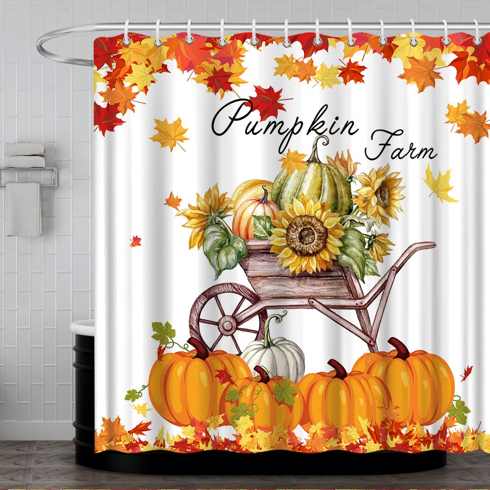 Fall Shower Curtain - Maple Leaf Pumpkin Sunflower Autumn Harvest Bathroom Decor with Hooks, Orange Red | Thanksgiving Farmhouse Style for Cozy Seasonal Bathroom