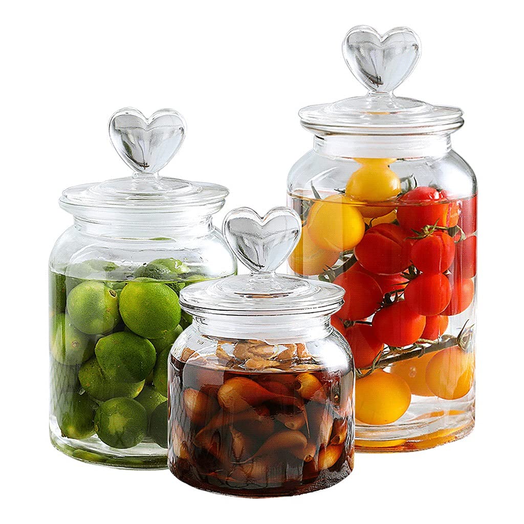3-Piece Airtight Glass Canister Set with Heart-Shaped Lids - Clear Food Storage Jars for Cookies, Dry Goods & Kitchen Countertop Organization - Perfect for Gifts, Baking Supplies & Pantry Storage