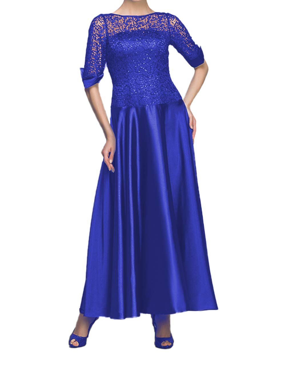 Elegant Tea-Length Mother of The Bride Dress - Long Sleeve Satin Formal Evening Gown for Women | Perfect for Weddings, Receptions & Special Occasions