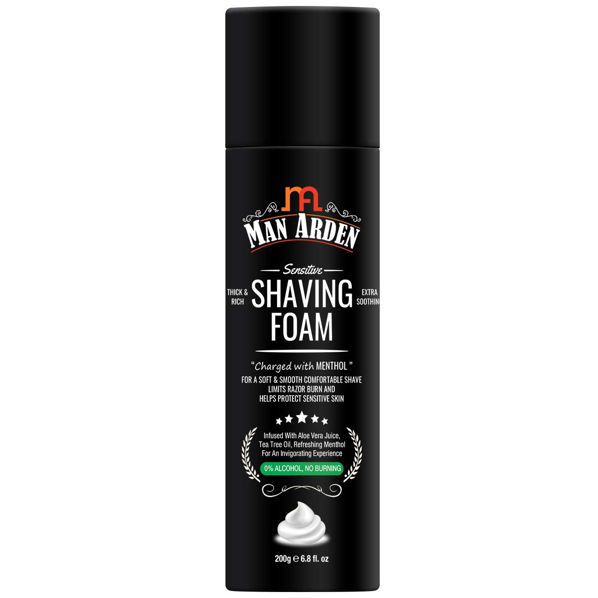 Man Arden Sensitive Skin Shaving Foam with Menthol, Aloe Vera & Tea Tree Extract - 200g for Men - Soothing & Cooling Shave for Irritated Skin - Perfect for Daily Grooming & Post-Shave Care