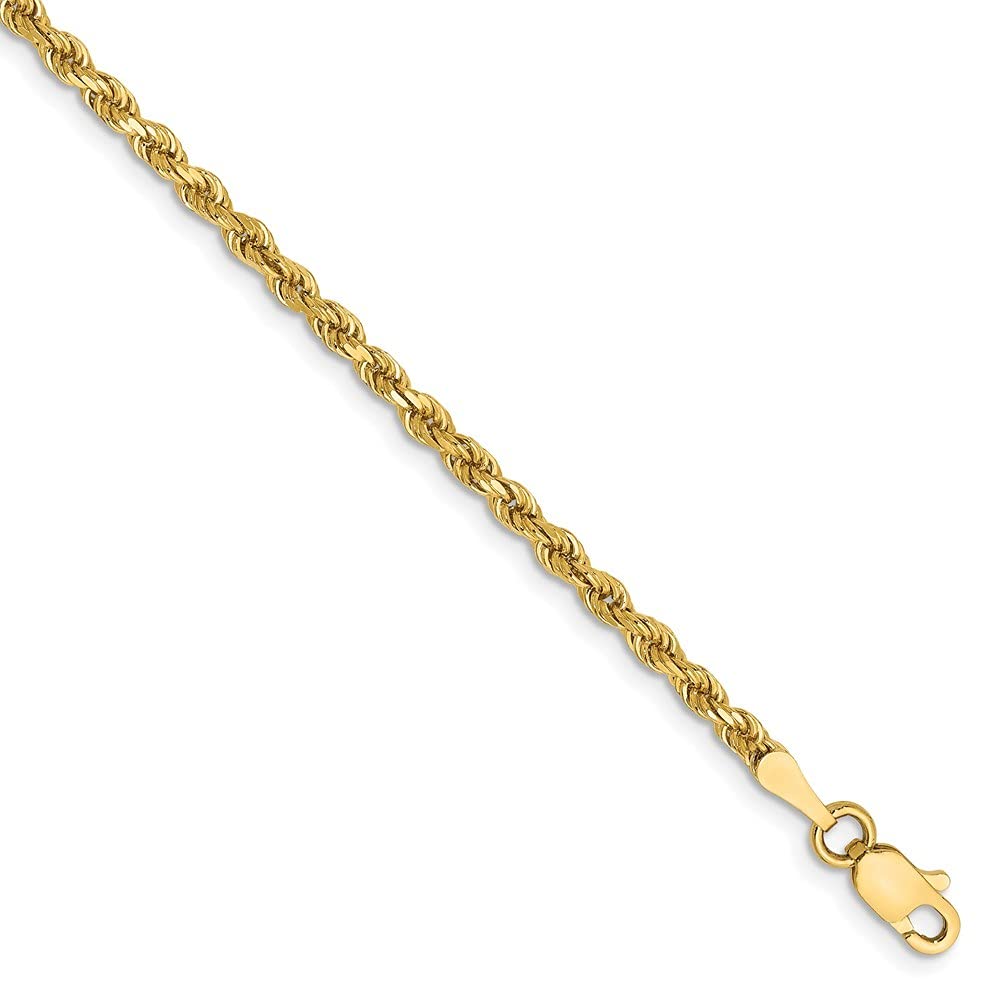 14K Gold 2.5mm Semi-Solid Sparkle Cut Rope Chain Bracelet for Women - Adjustable Length 7