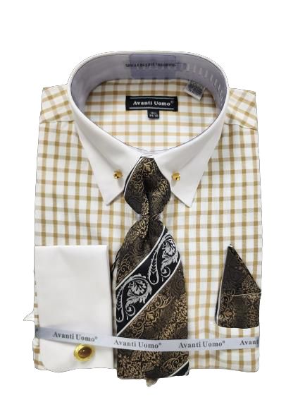 AVANTI UOMO Men's Beige Window Pane Dress Shirt with White Collar, Cufflinks & Stone Collar Bar - Formal Office Wear & Business Attire DN128M