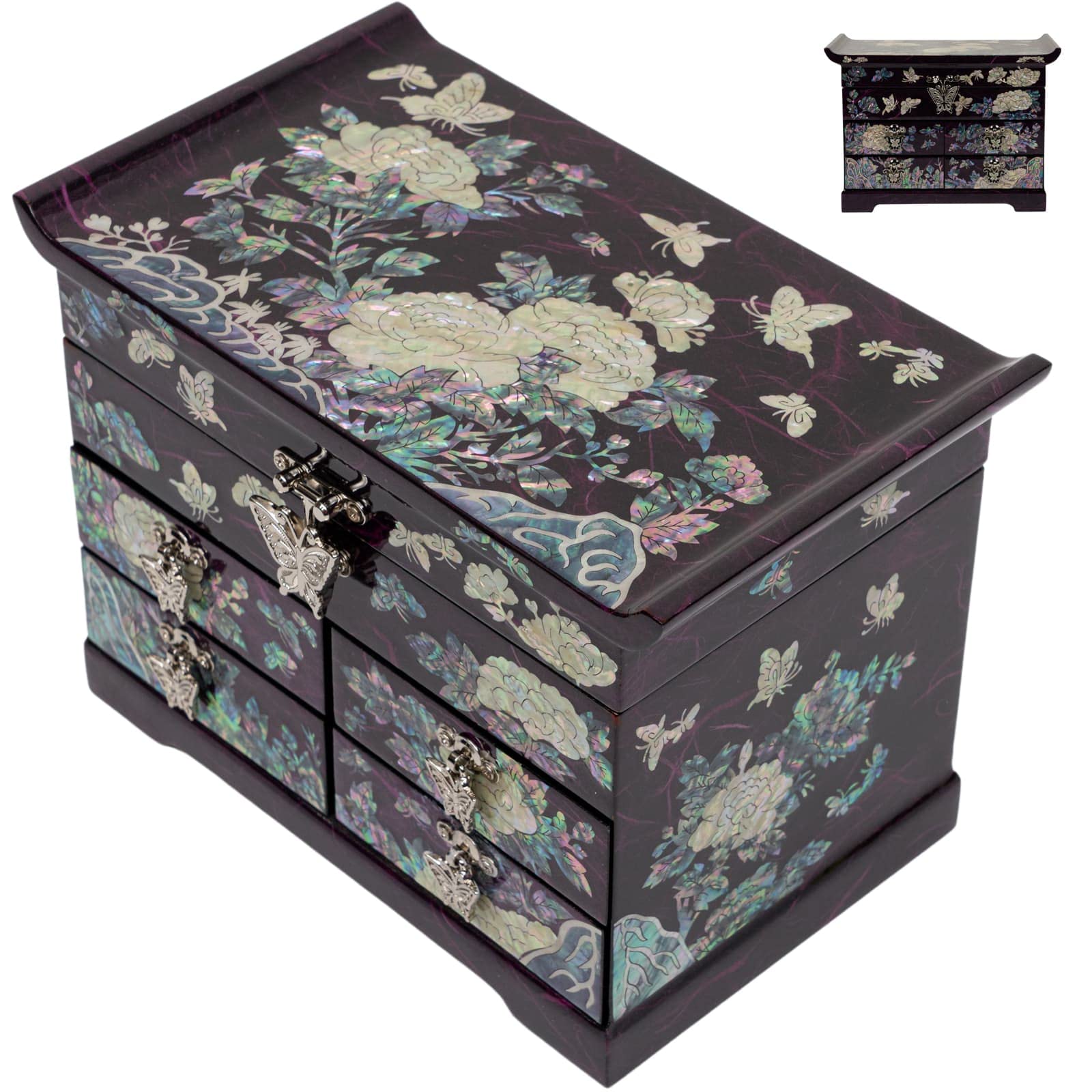 February Mountain Mother of Pearl Wooden Jewelry Organizer Box - Elegant Jewelry Storage for Women with Spacious Drawers, Perfect for Rings, Bracelets, Watches, Necklaces & Accessories (Peony Purple) | Great for Bedroom Vanity, Travel & Gift Giving