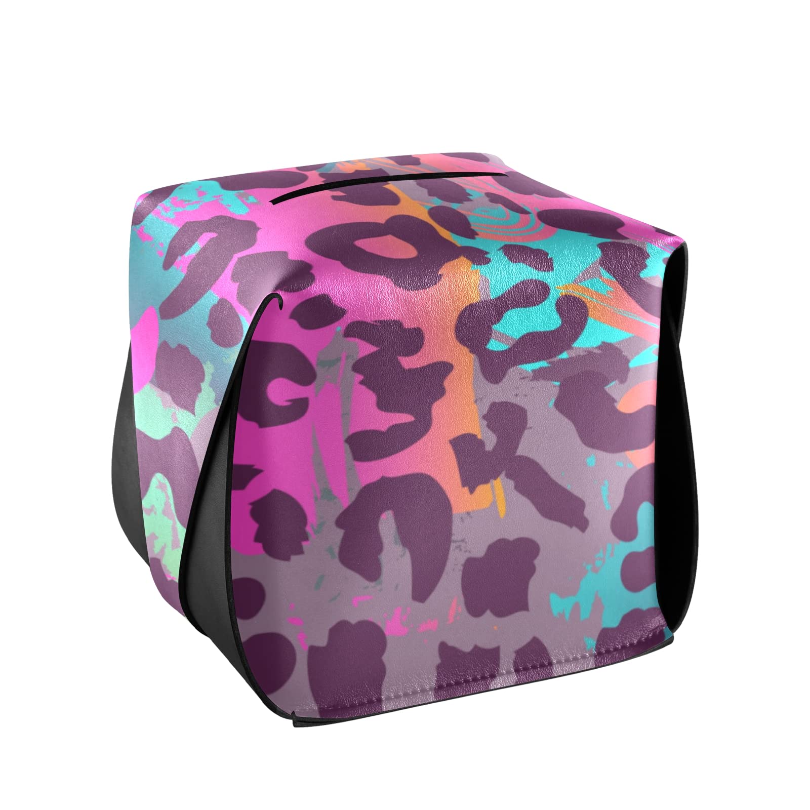 Rainbow Leopard Print PU Leather Tissue Box Cover - Rectangular Bathroom & Countertop Organizer with Handle for Home, Office, Living Room Decor