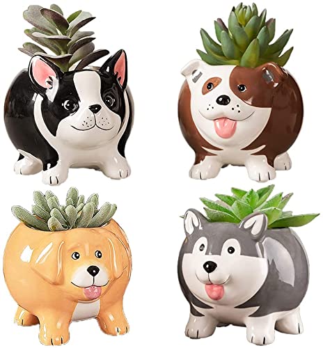 EFISPSS Mini Dog Shape Succulent Planter - Handmade Ceramic Flower Pot for Succulents, Cactus, Small Plants - Cute Home Decor Gift Set (4 Pack) - Perfect for Windowsills, Office Desks & Garden Decor