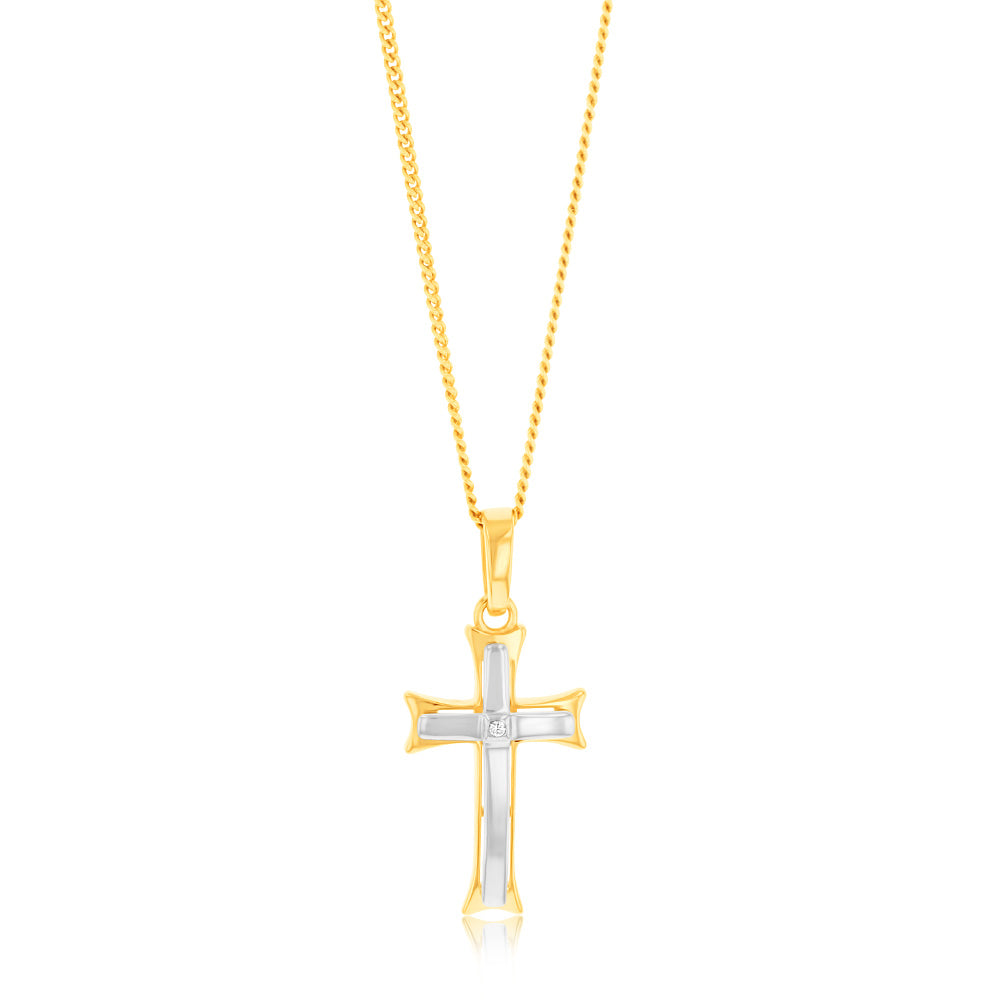 9ct Yellow and White Two-Tone Gold Fancy 19mm x 10mm Cross Pendant Necklace - Elegant Religious Jewelry for Gifts and Everyday Wear